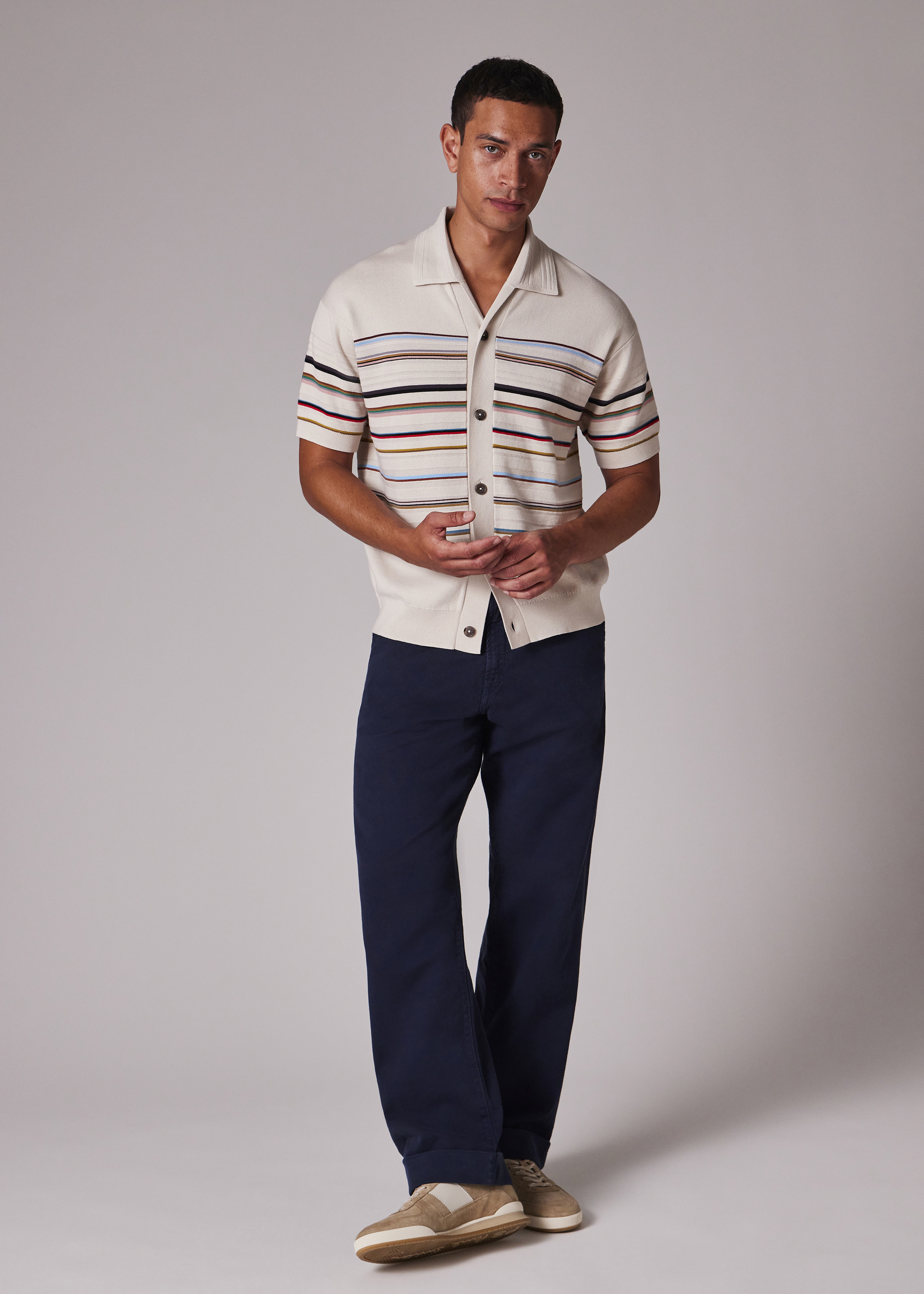 Ecru 'Signature Stripe' Knitted Cotton Short-Sleeve Shirt - 3