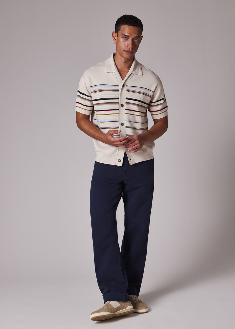 Ecru 'Signature Stripe' Knitted Cotton Short-Sleeve Shirt 3