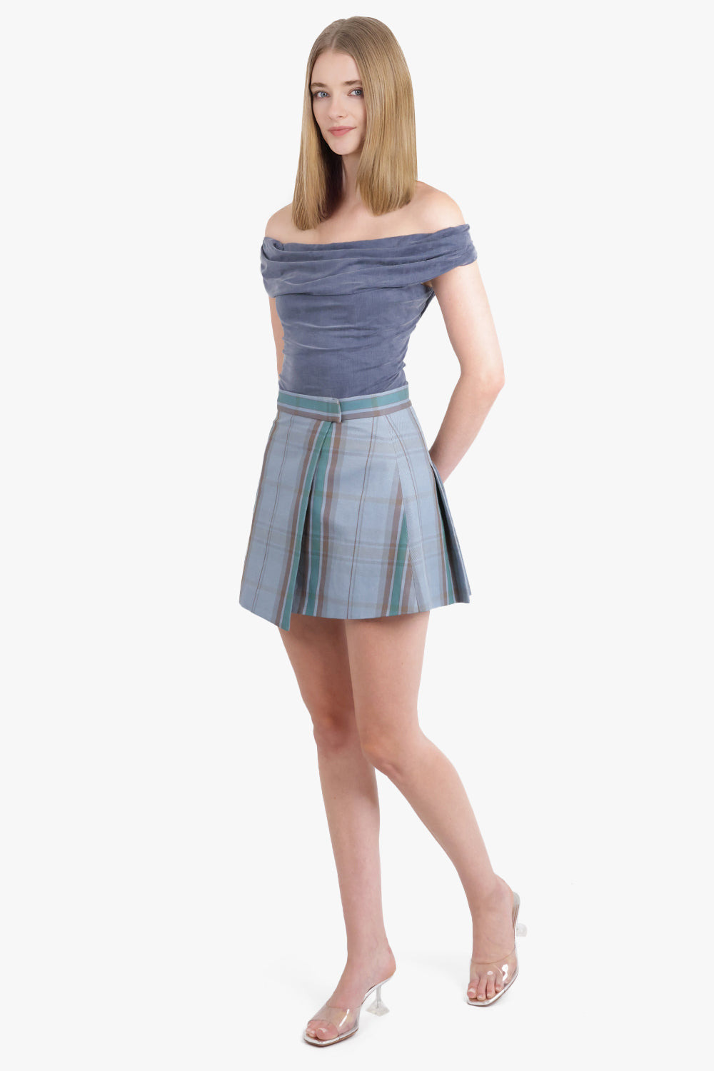 TARTAN WRAP CUT OFF SKIRT | BLUE/GREEN/ORANGE - 8