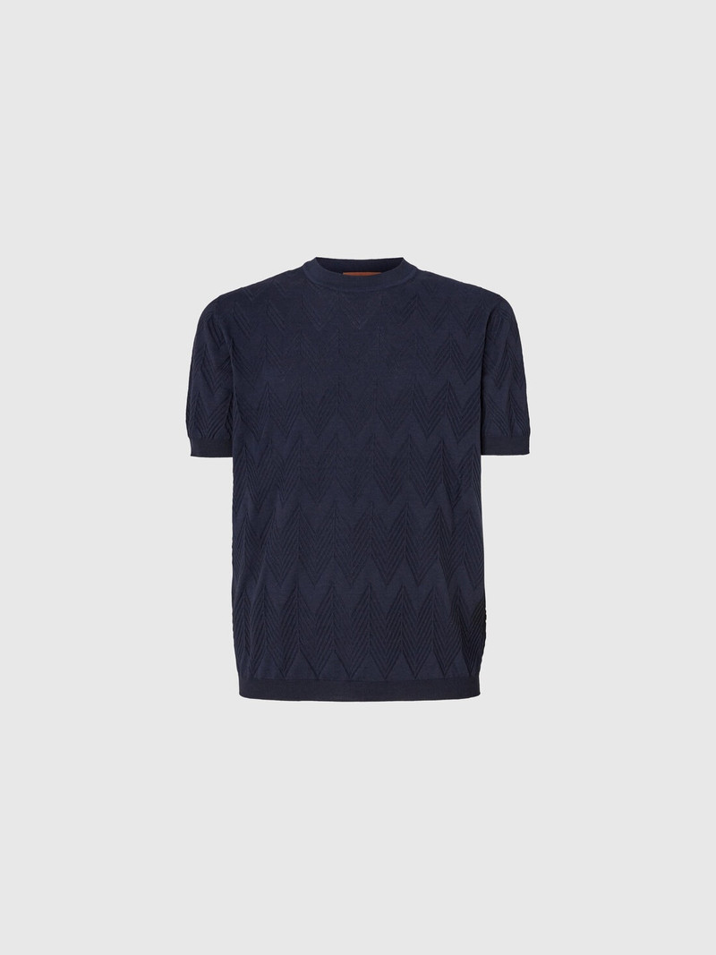Cotton and silk knit crewneck T-shirt with 3D chevron - 1