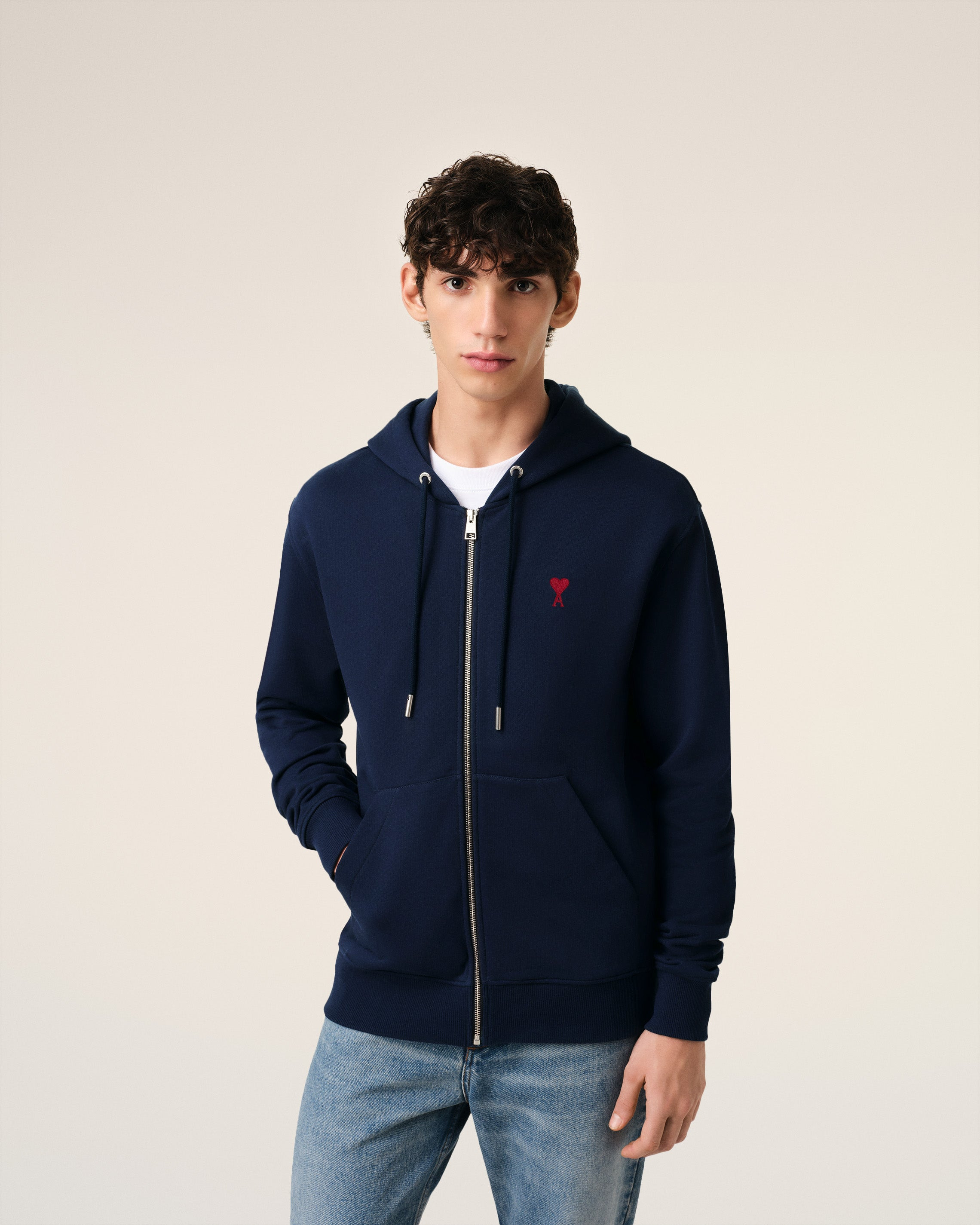 NAVY COTTON AMI DE COEUR ZIPPED HOODIE - 3