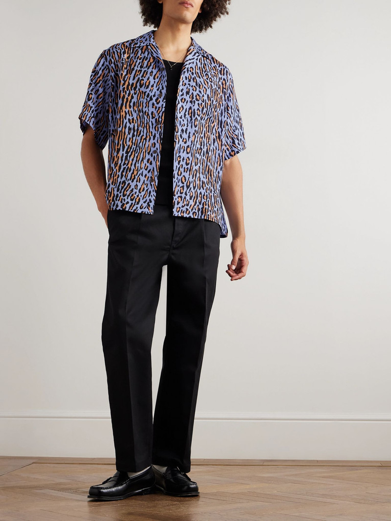 WACKO MARIA Convertible-Collar Leopard-Print Lyocell Shirt Blue outlook
