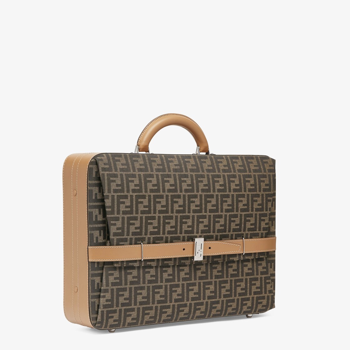 Suitcase with side opening, made of fabric with jacquard FF motif and beige leather. Snap clasp with - 2