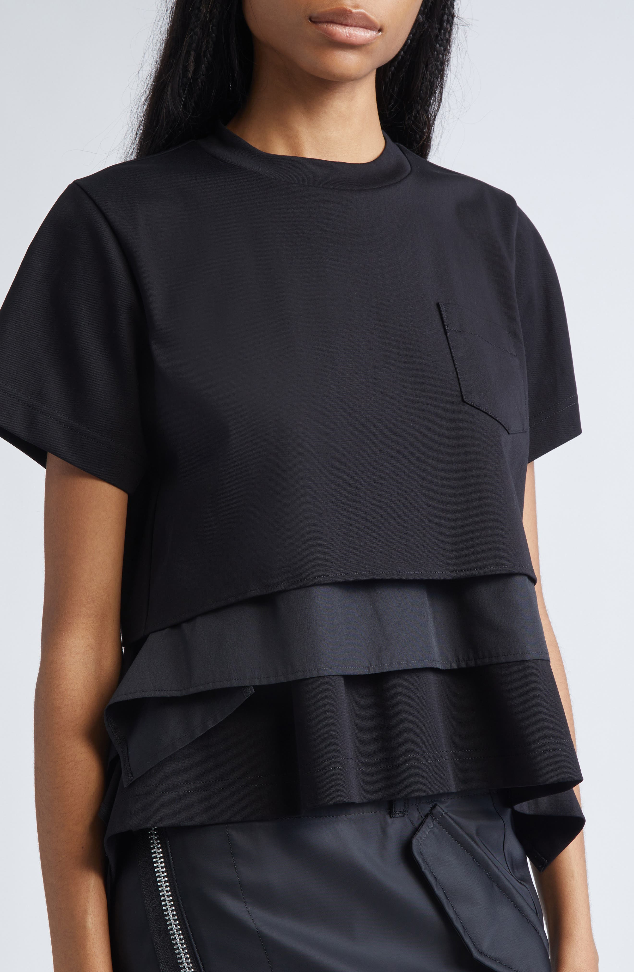 Sacai Mixed Media Poplin & Jersey Pocket T-Shirt in Black/Black at Nordstrom - 5