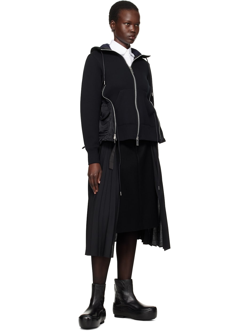 Black Sponge Sweat x Nylon Twill Hoodie - 4