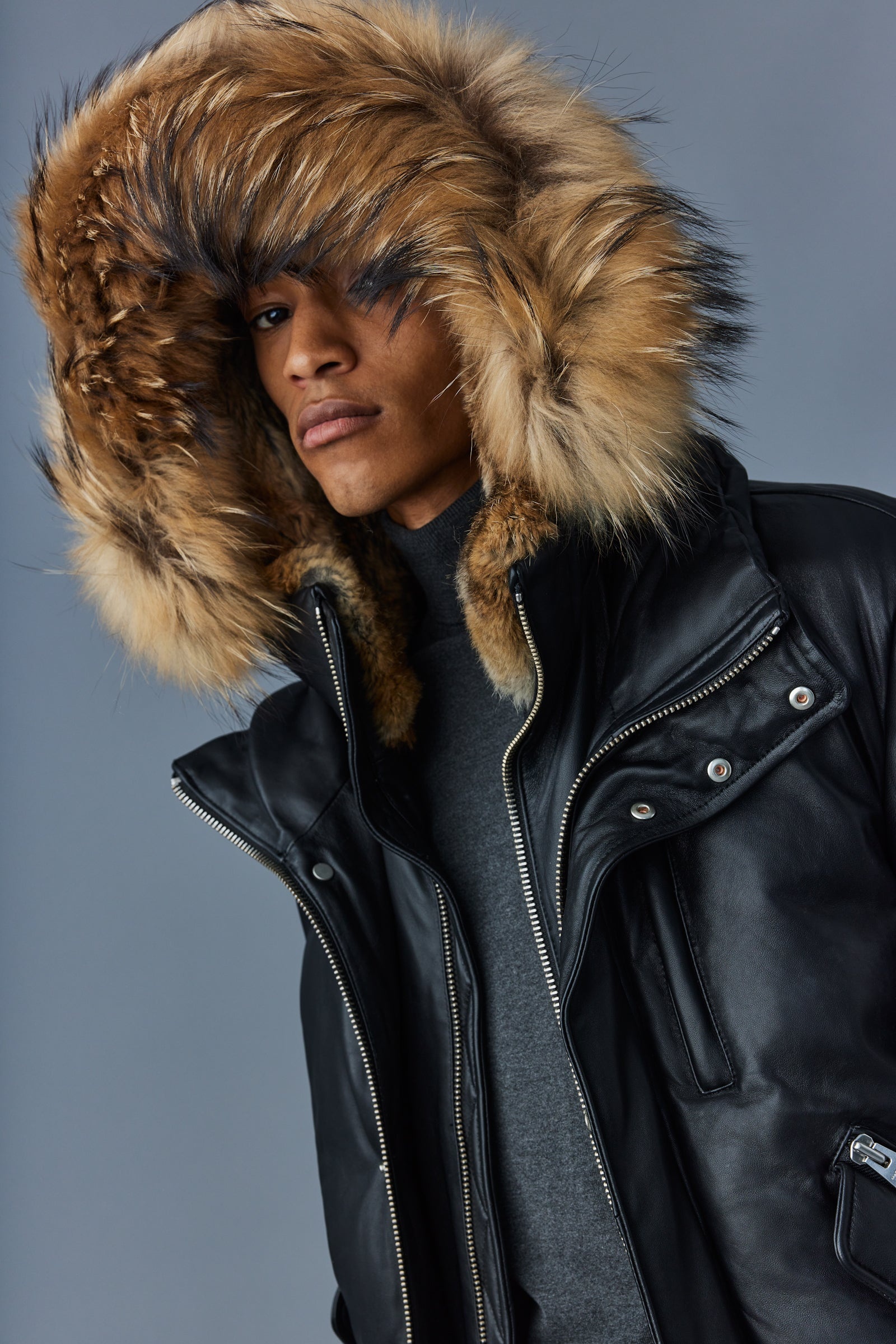 GLEN 2-in-1 (r) Leather bomber jacket with hooded bib & natural fur - 6