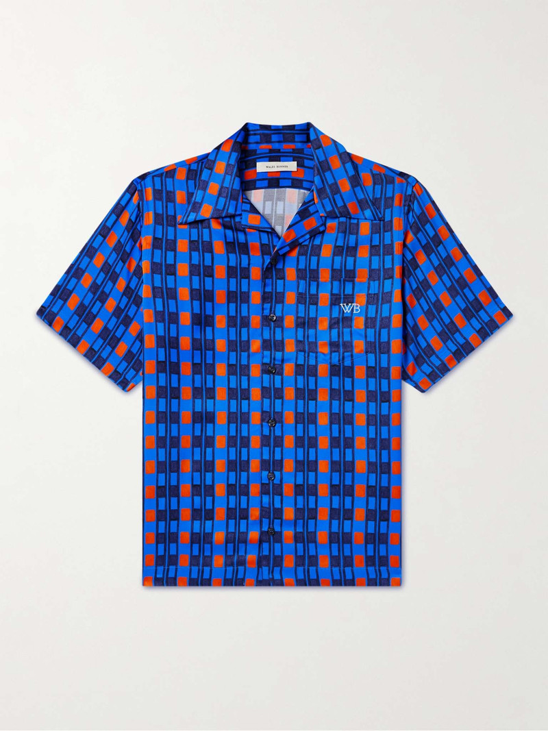 Camp-Collar Logo-Embroidered Printed Satin Shirt - 1