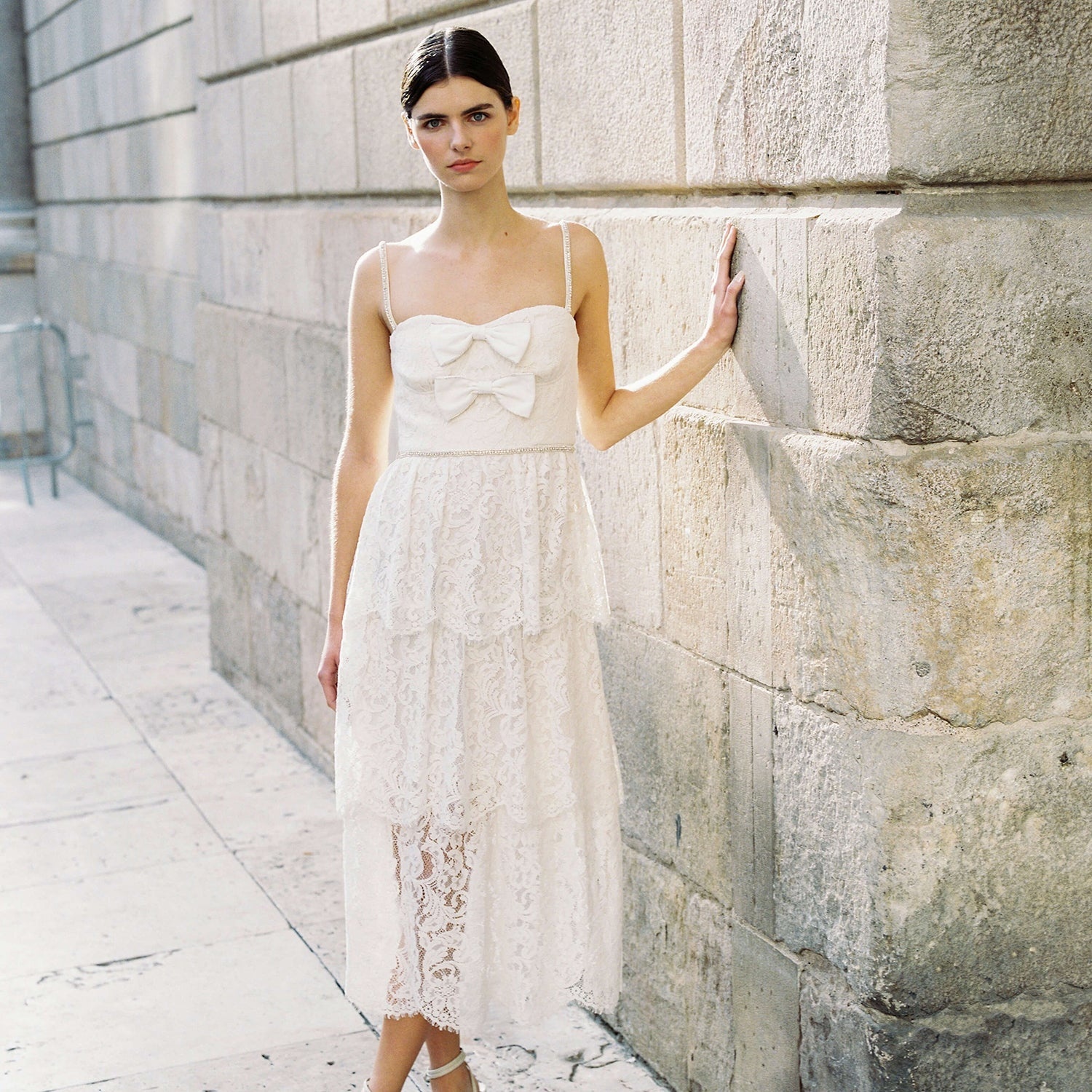 Cream Cord Lace Bow Midi Dress – self-portrait
