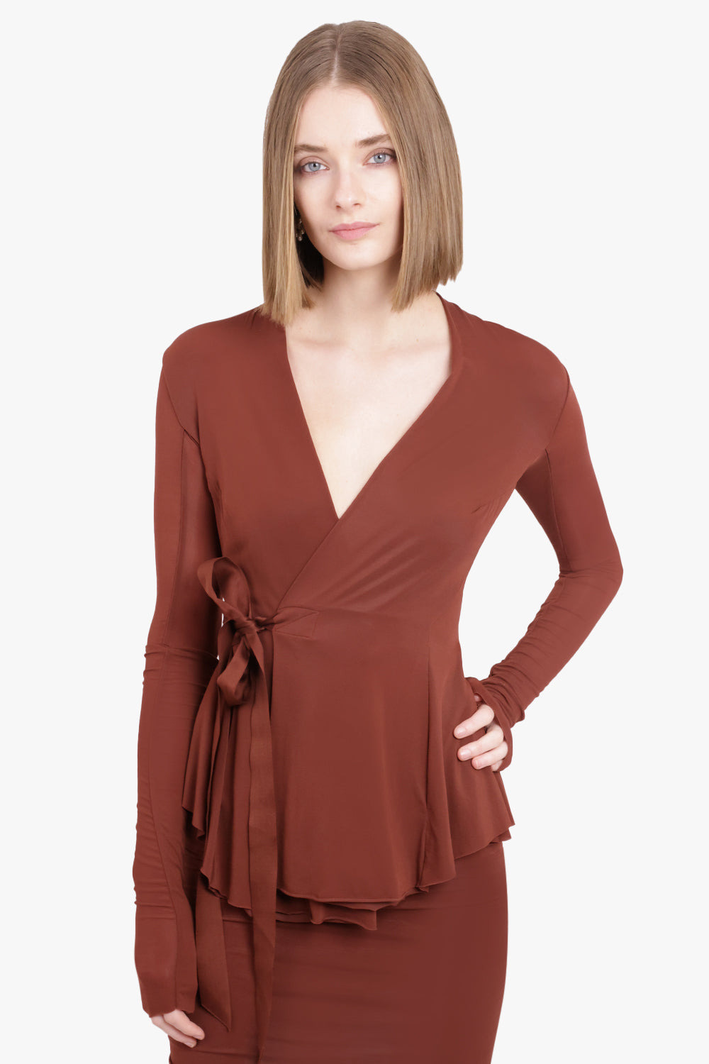 GIACCA HOLLYWOOD L/S WRAP TIE JACKET TOP | HENNA - 2