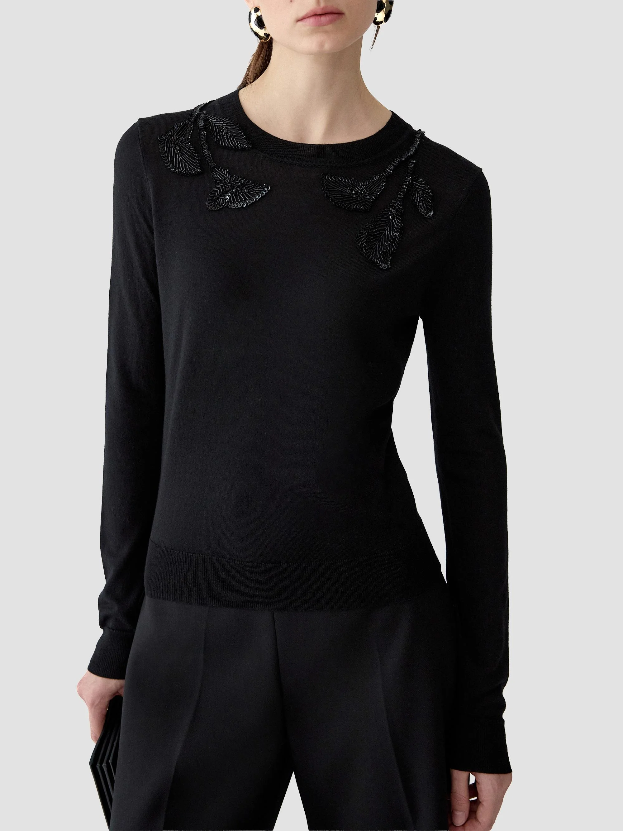 Women's Embroidered Wool & Silk-Blend Long-Sleeve Sweater - Black - 1