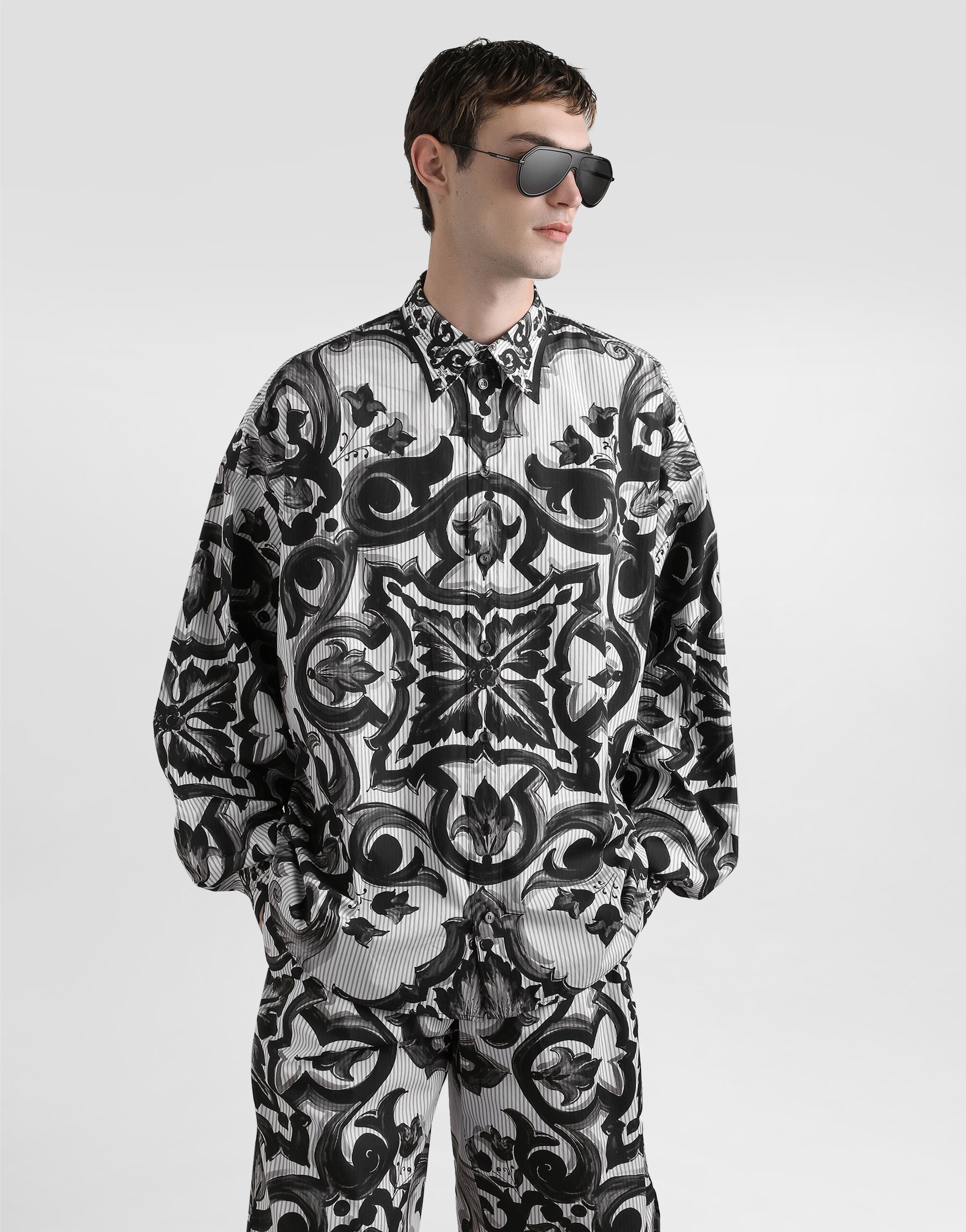 Majolica-print oversized striped popeline shirt - 4