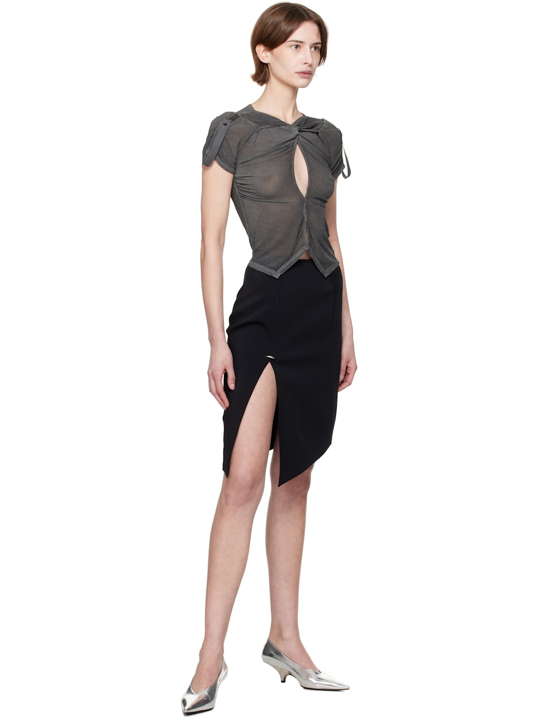 Black Asymmetrical Pierced Midi Skirt - 4