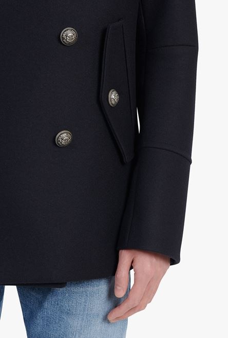 Blue wool military pea coat with double-breasted silver-tone buttoned fastening - 10