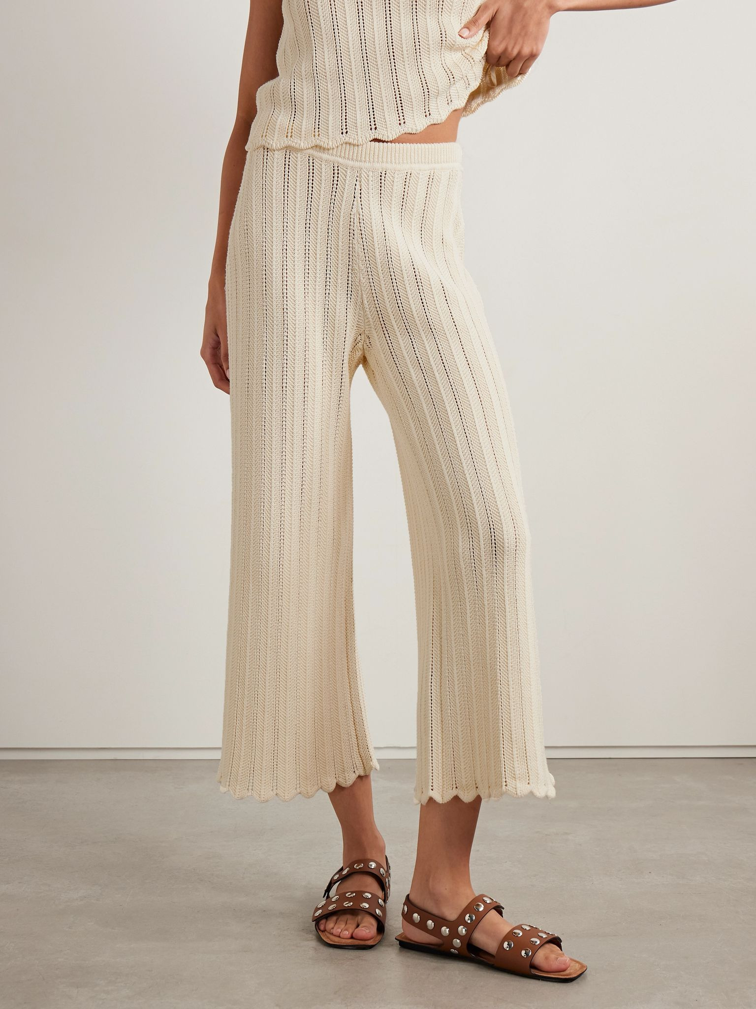 Petey cropped ribbed open-knit organic cotton flared pants Ivory - 3