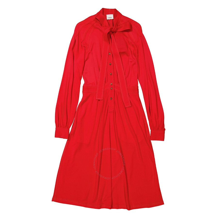 Burberry Ladies Red Topstitch Detail Jersey Tie-neck Dress - 1