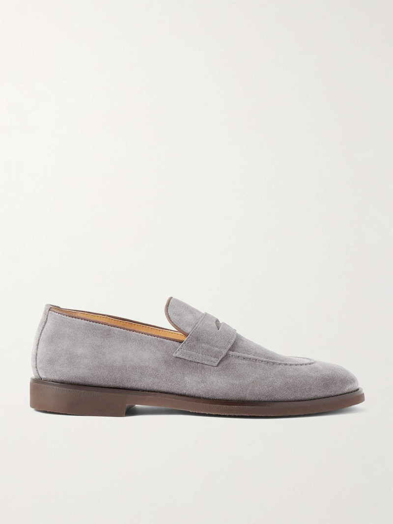 Leather-Trimmed Suede Penny Loafers 1
