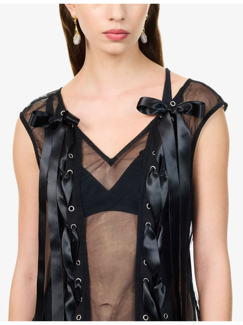 Ribbon-Embellished Semi-Sheer Mesh Top 5