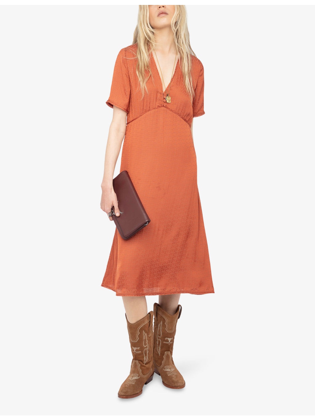 V-Neck Short-Sleeved Satin Midi Dress - 2