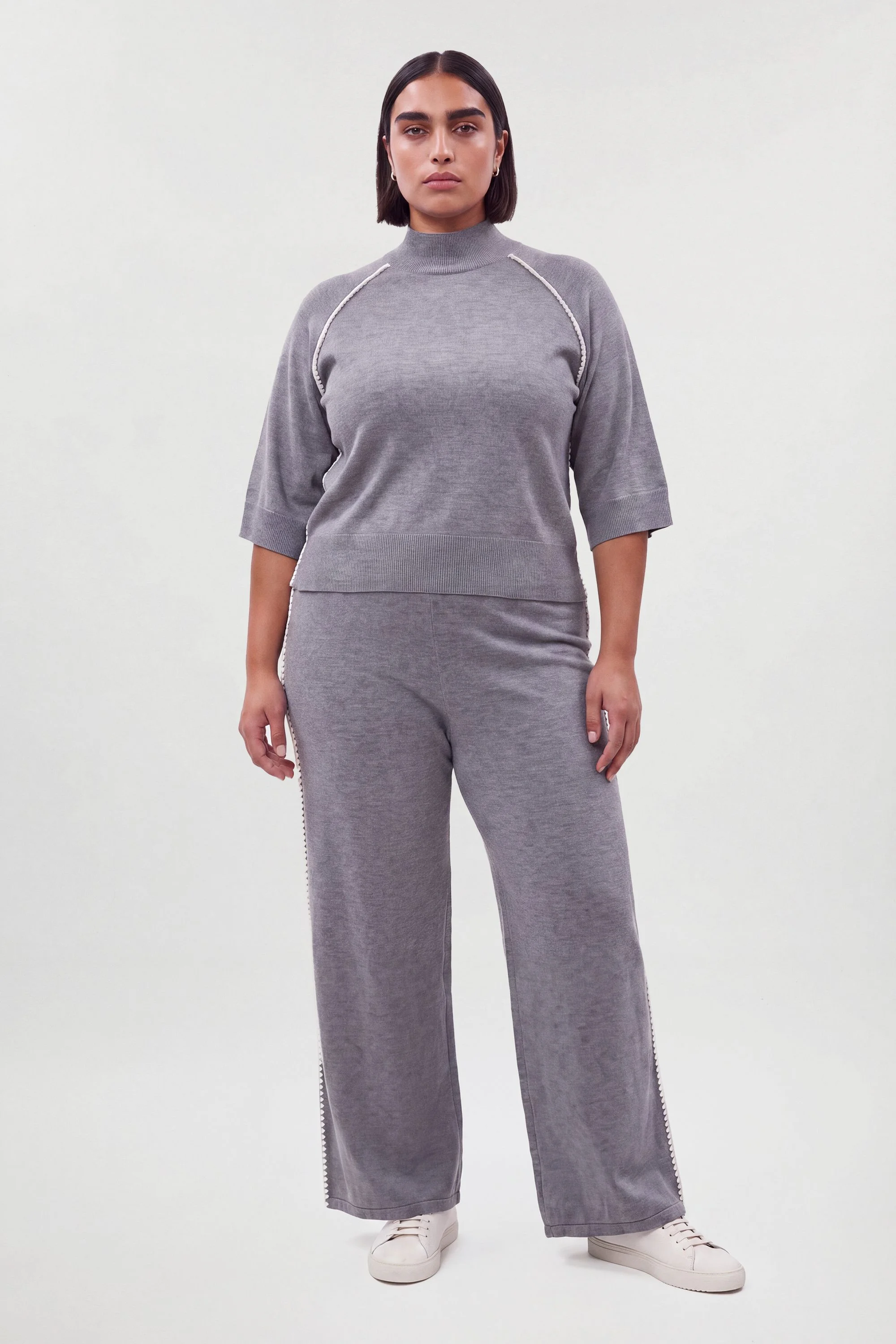 Plus Size Blanket Stitch Detail Knitted Crop Sleeve Jumper - 1