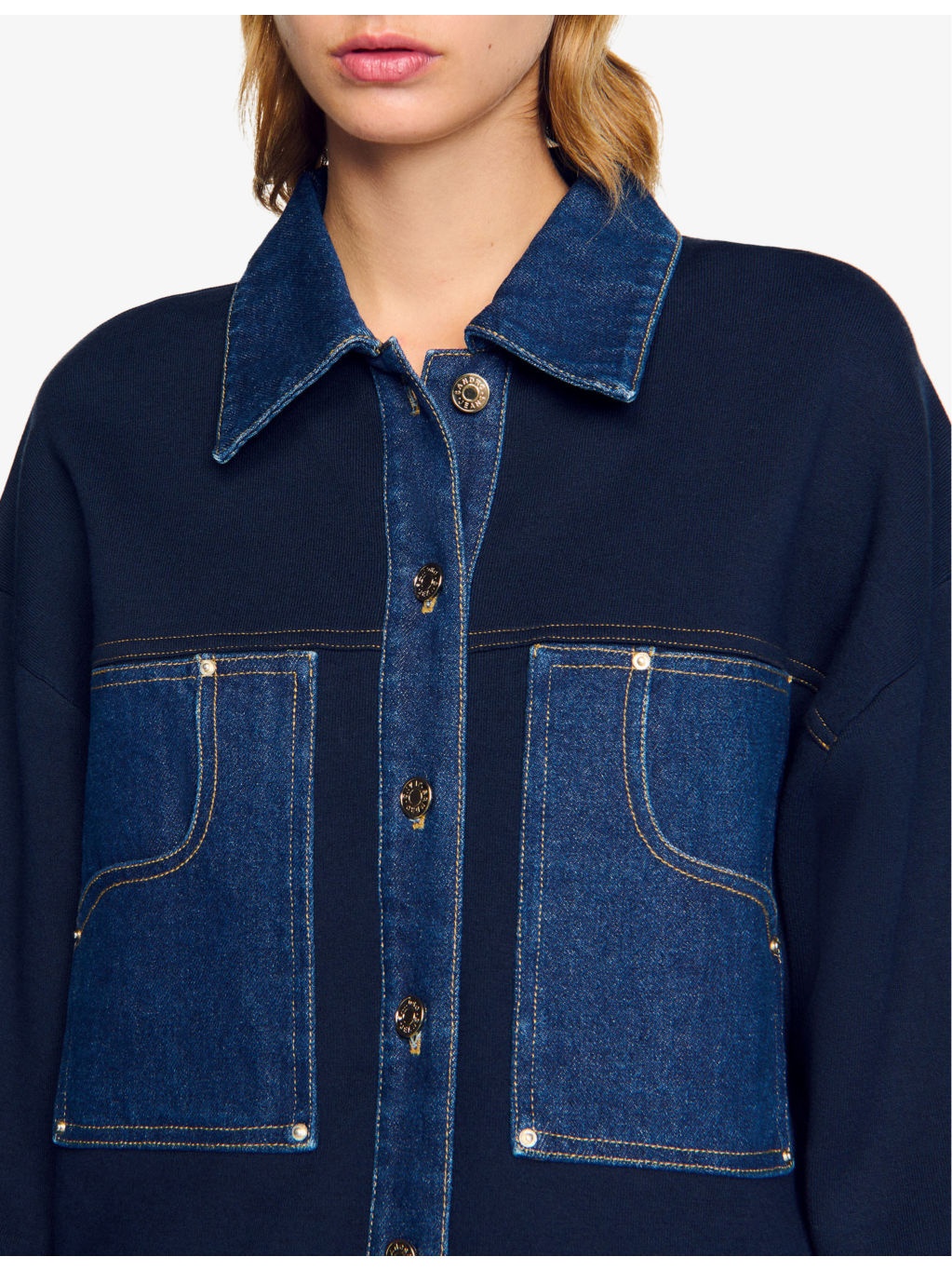 Pointed-Collar Denim-Trim Cardigan - 5