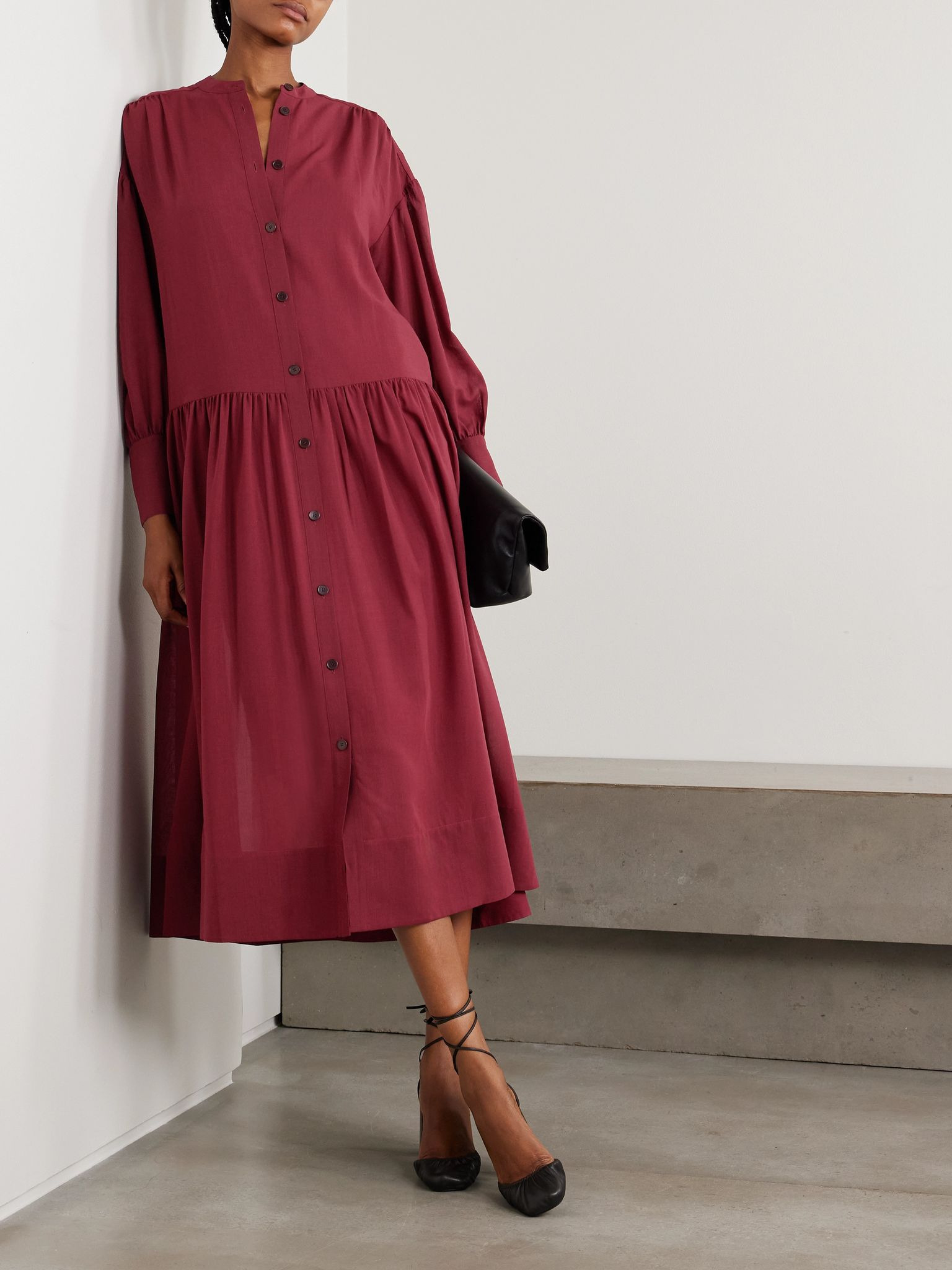 Emma belted wool-blend crepe midi dress Red - 2