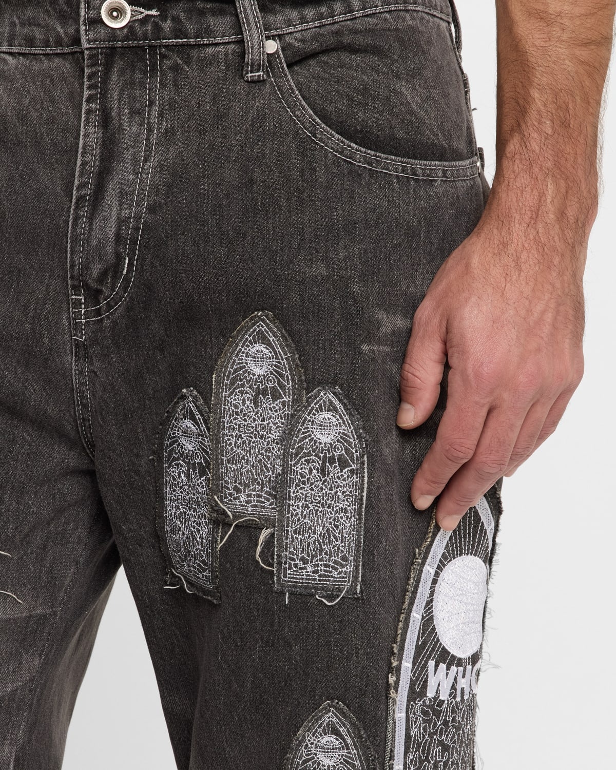 WHO DECIDES WAR Men's Motif Patched Denim Jeans neimanmarcus