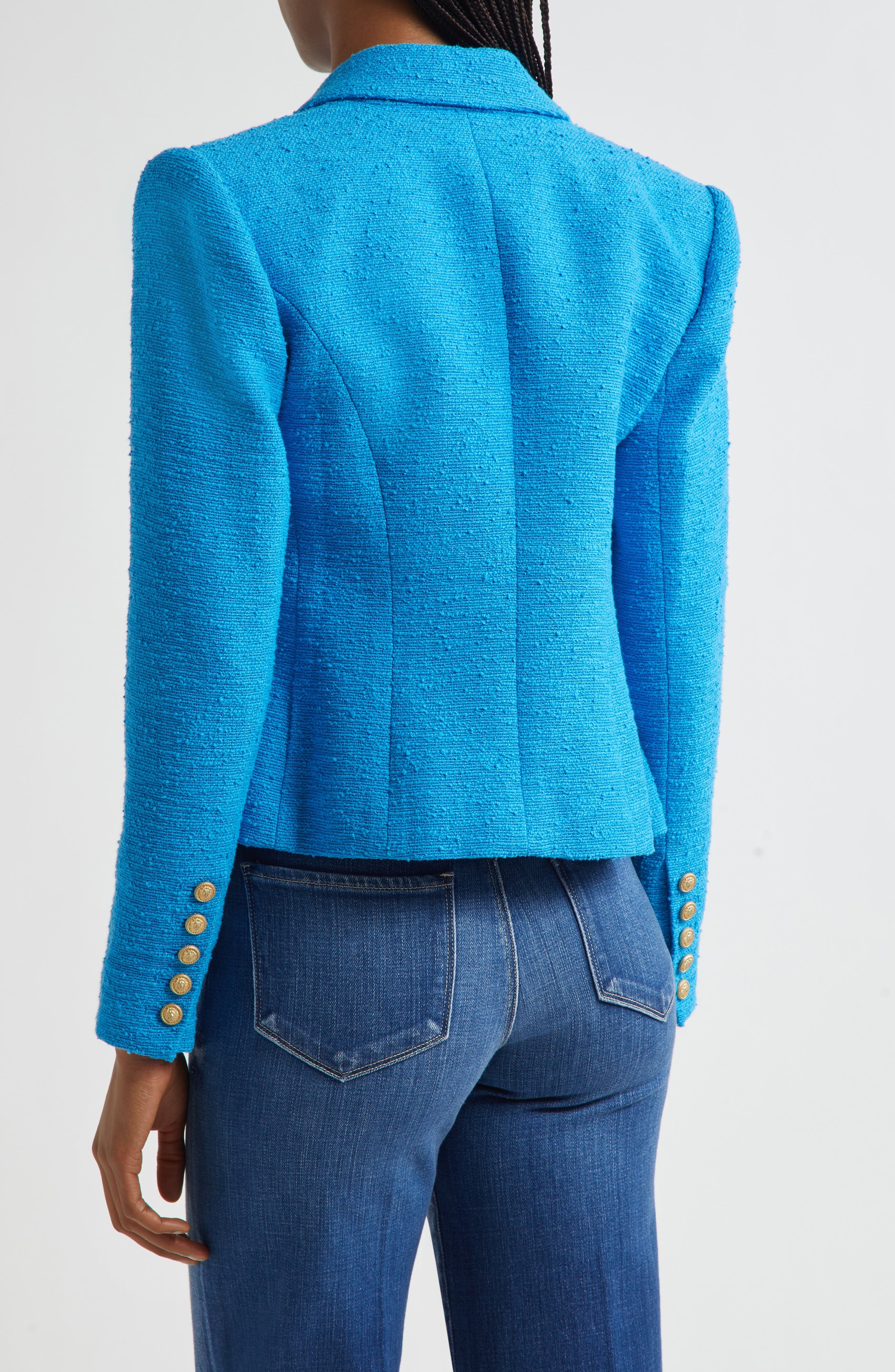 L'AGENCE Brooke Double Breasted Crop Cotton Blend Blazer in Dresden Blue/Gold Chain at Nordstrom - 3
