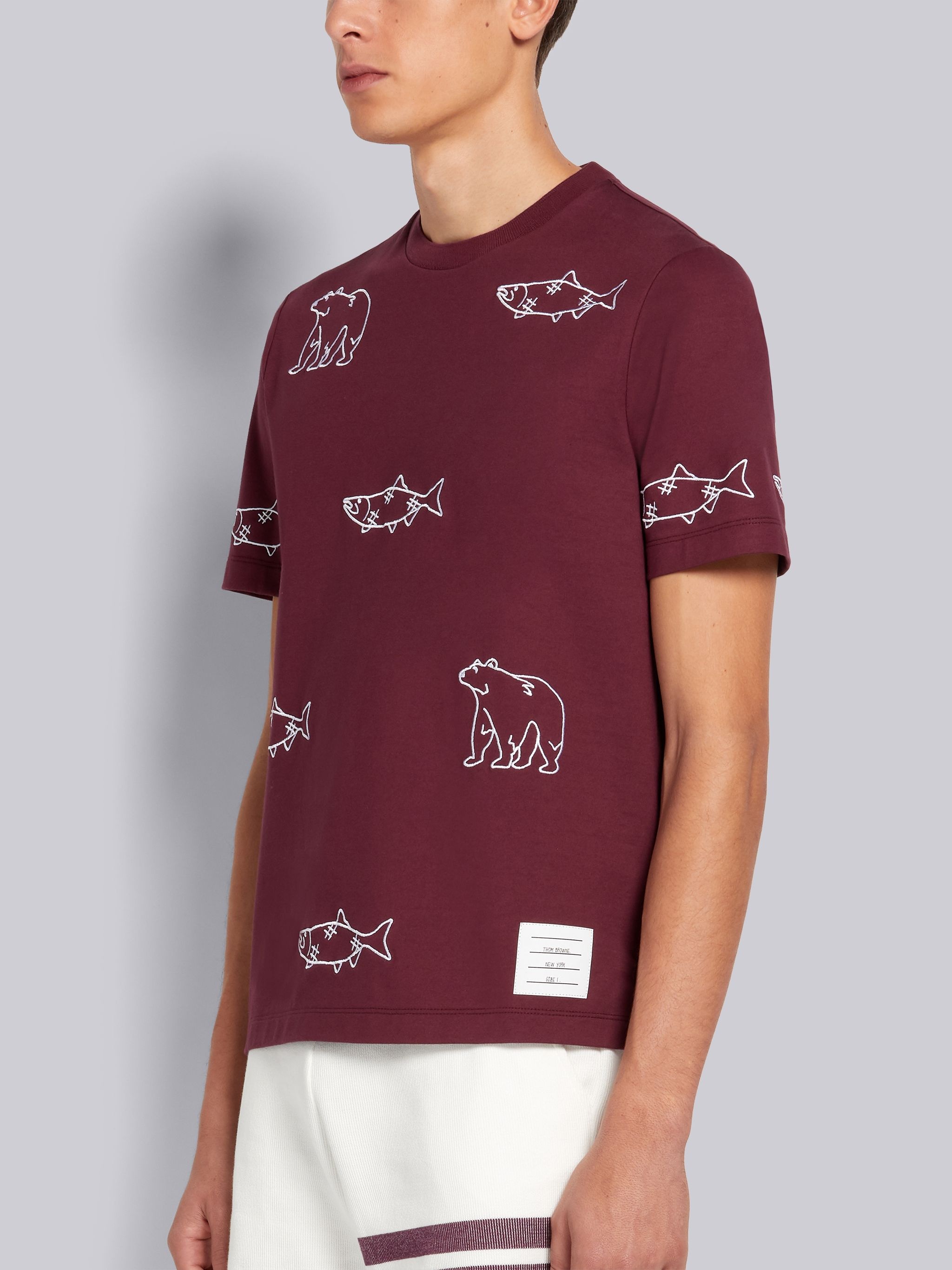 Dark Red Medium Weight Jersey Bear and Salmon Half Drop Embroidery Short Sleeve Tee - 2