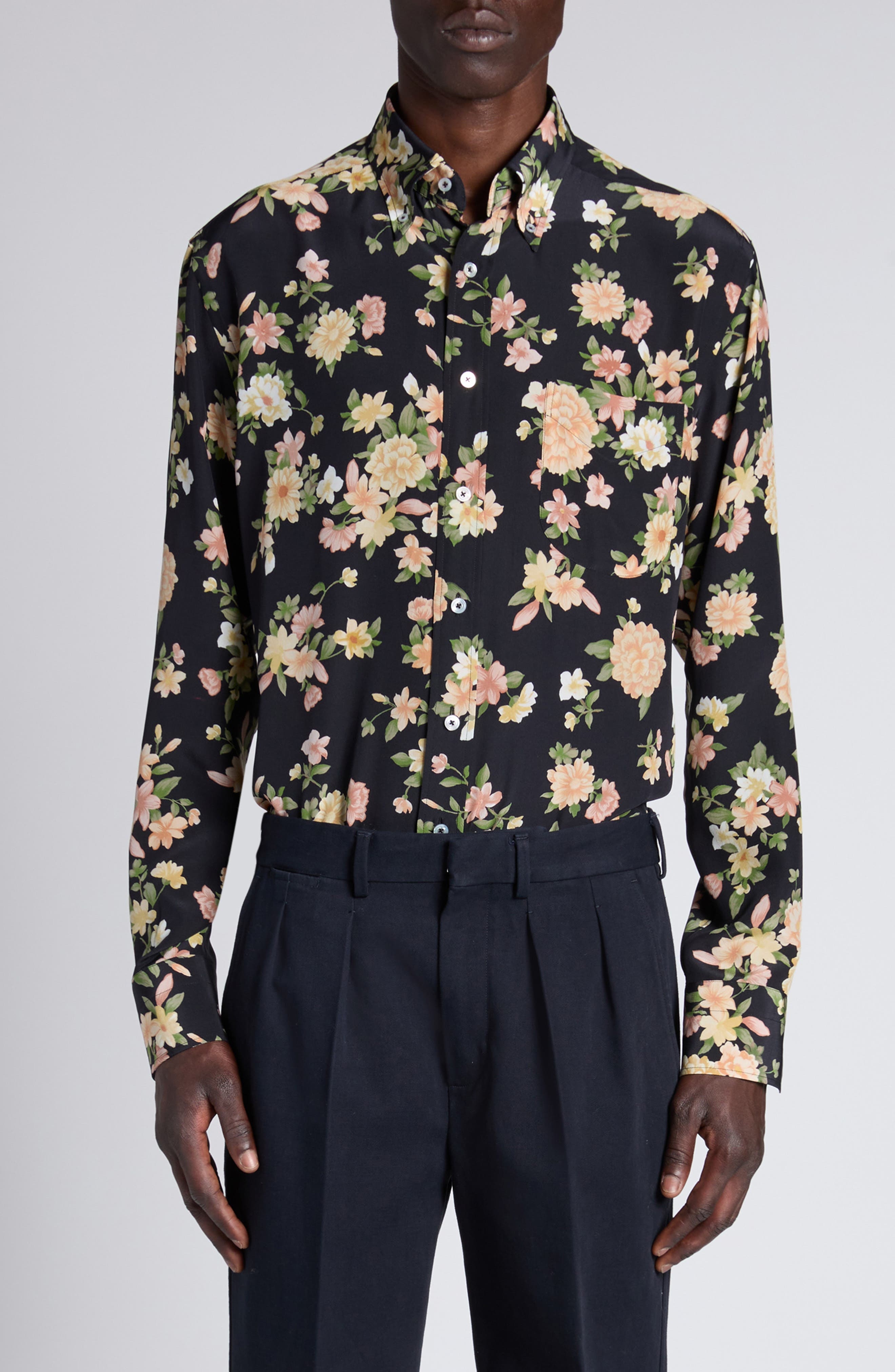 TOM FORD Hendrix Floral Silk Button-Down Shirt in Zdpco Combo Pink/Orange at Nordstrom - 1