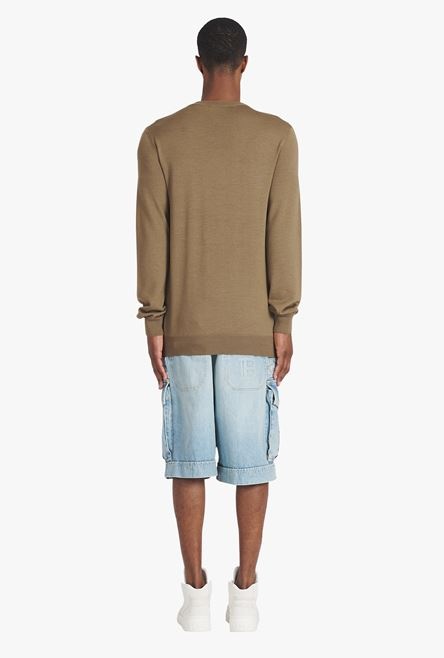 Taupe wool sweater with ecru Balmain Paris logo - 3