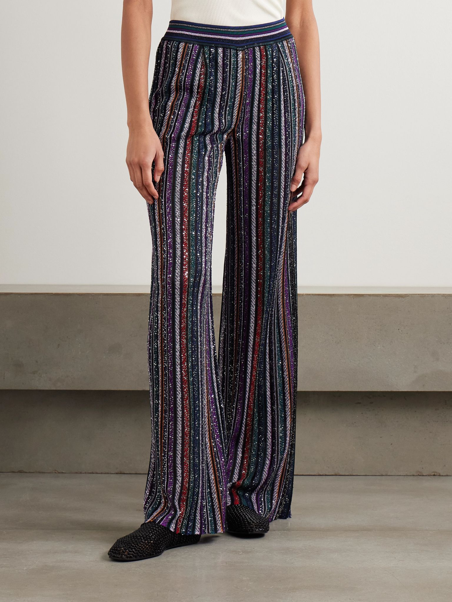 Sequined striped metallic crochet-knit wide-leg pants Black - 3