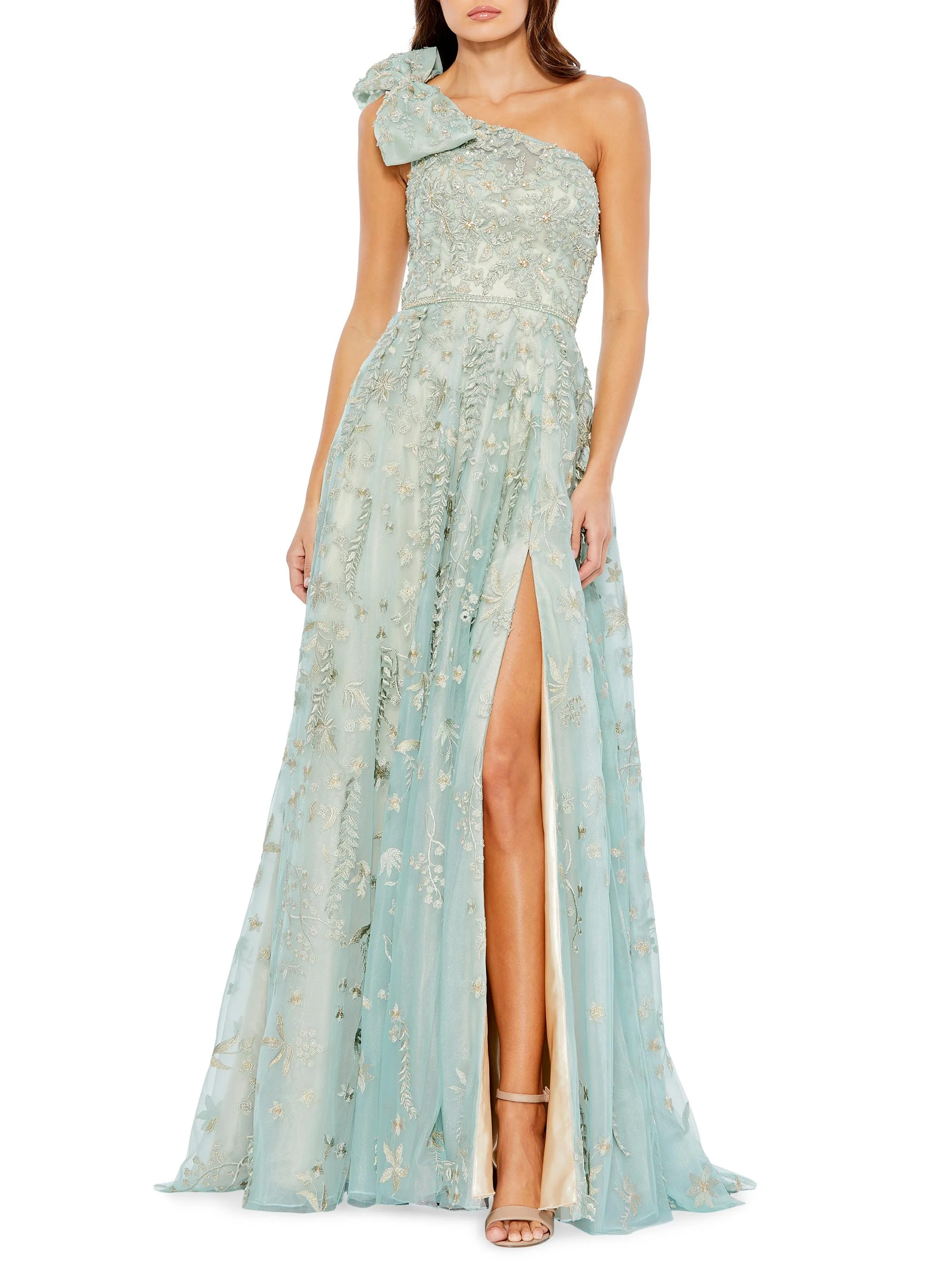Women's Asymmetric Embellished Tulle A-Line Gown - Sage - 1