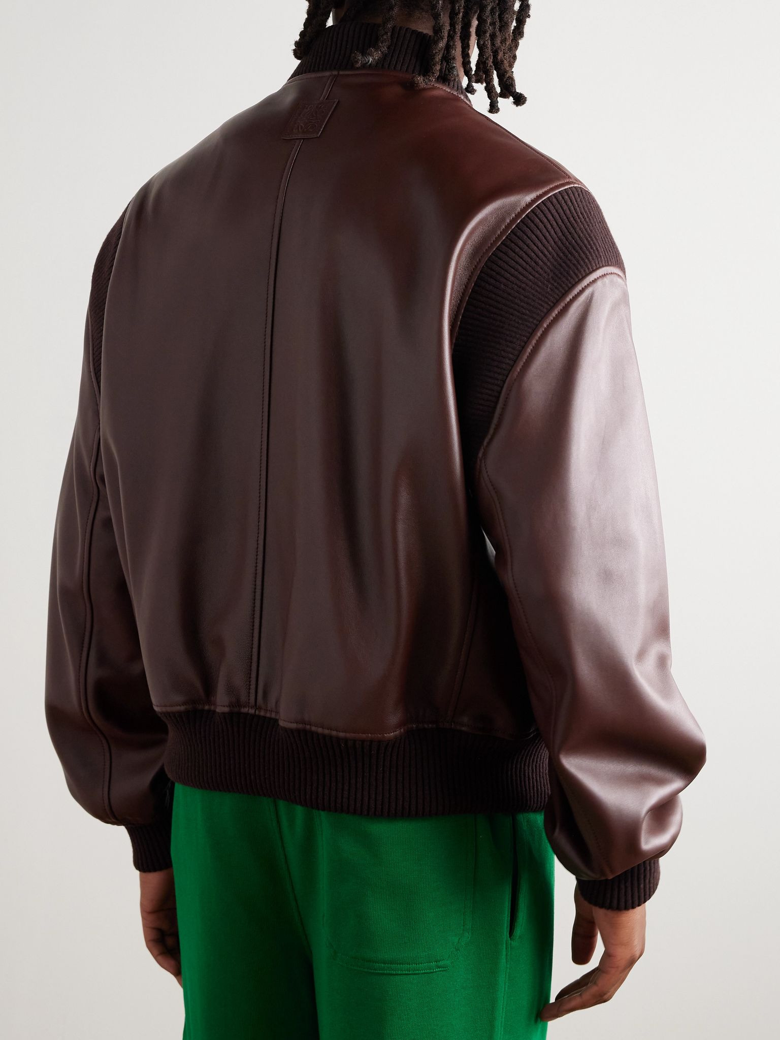 Logo-Debossed Ribbed-Knit Trimmed Leather Bomber Jacket Dark brown - 4