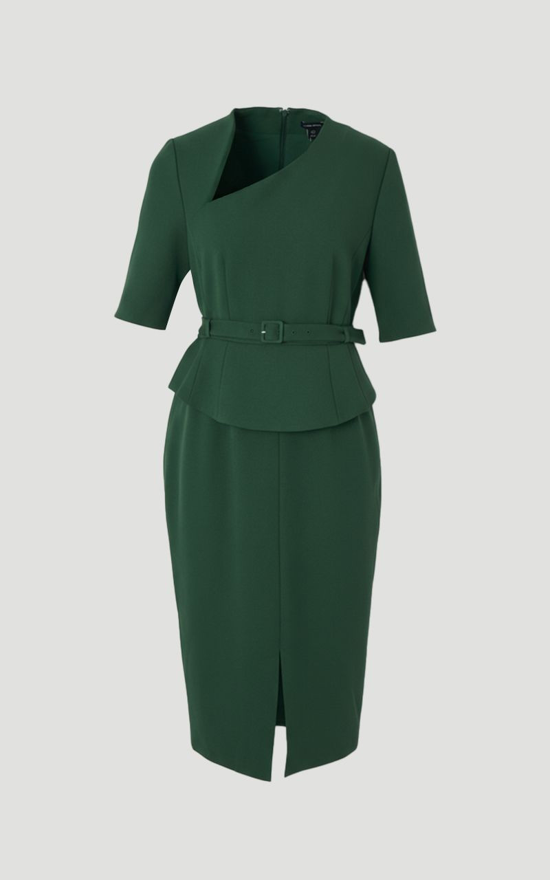 Structured Crepe Forever Asymmetric Neck Belted Pencil Midi Dress 4