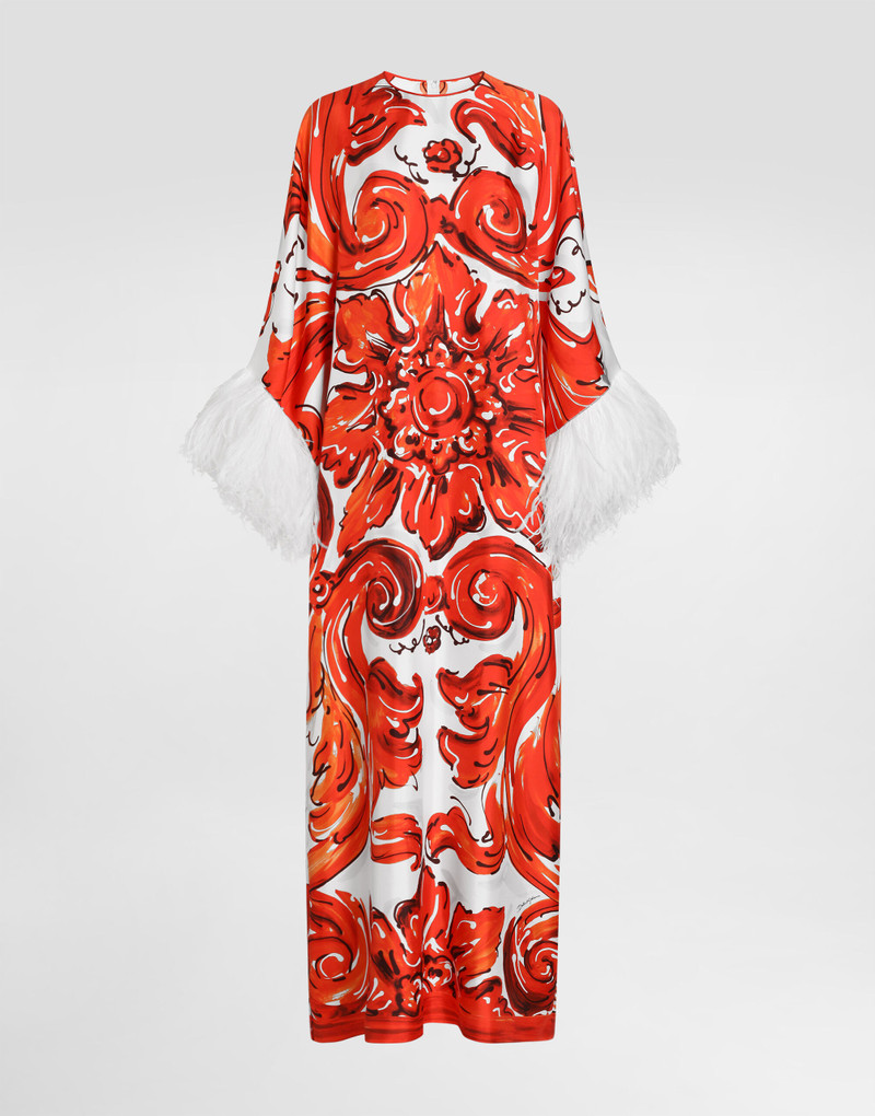 Majolica-print long kaftan dress with feather trim 1