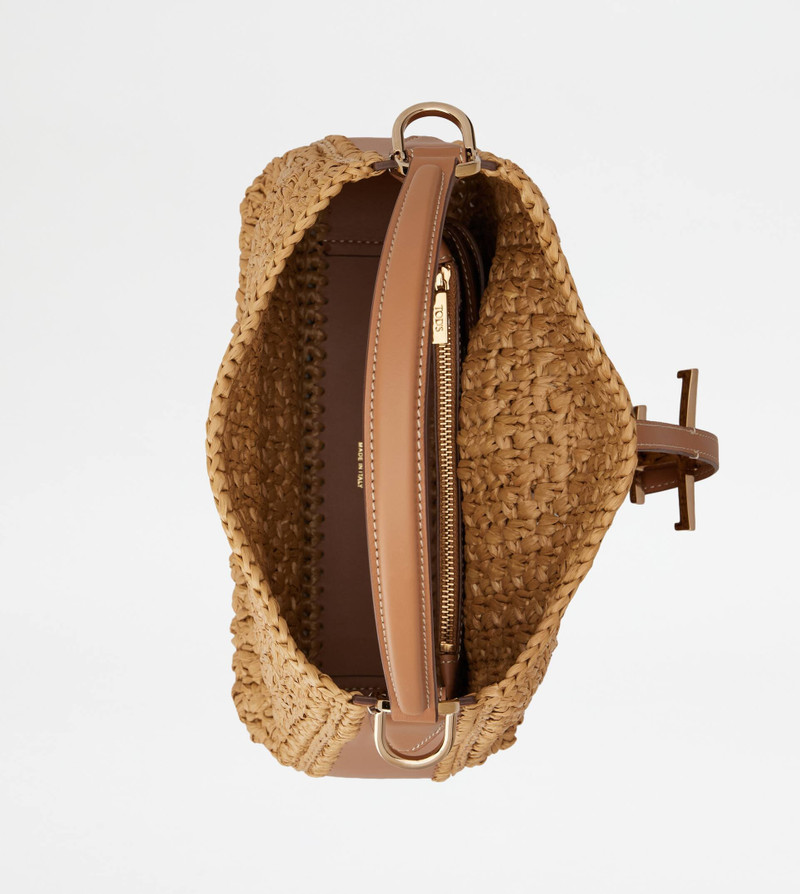 T TIMELESS BUCKET BAG IN RAFFIA AND LEATHER MINI - BROWN 5