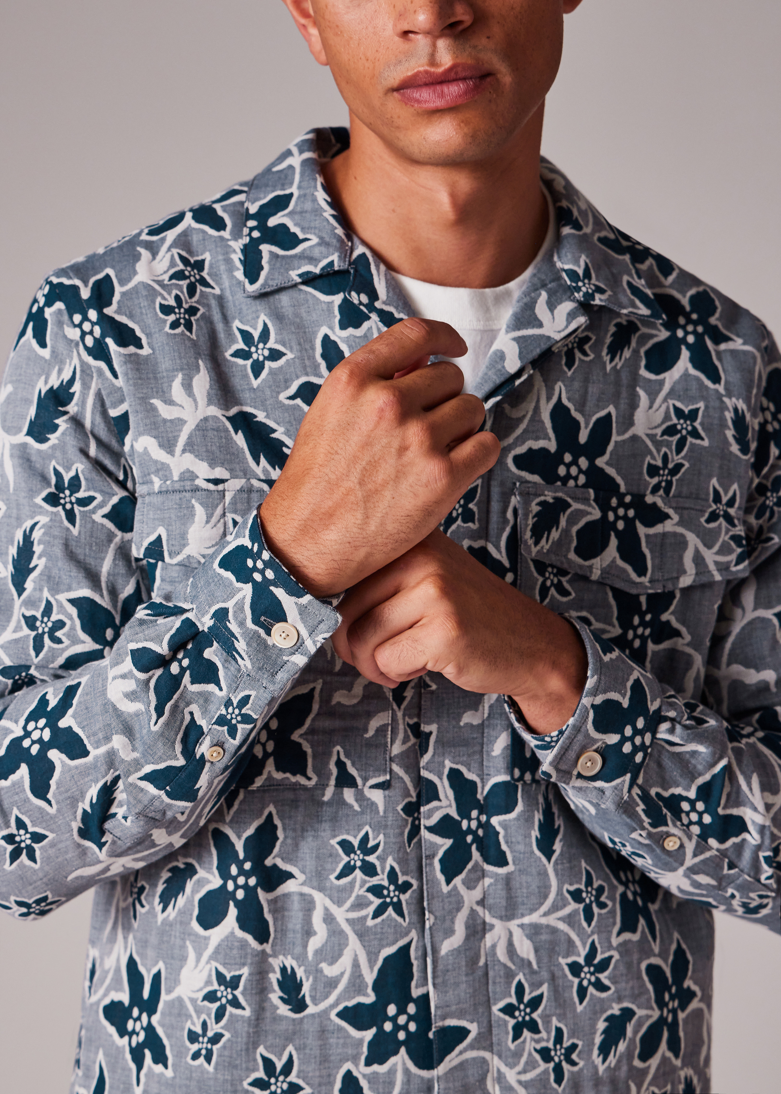 Blue Floral Double-Face Cotton Shirt - 5