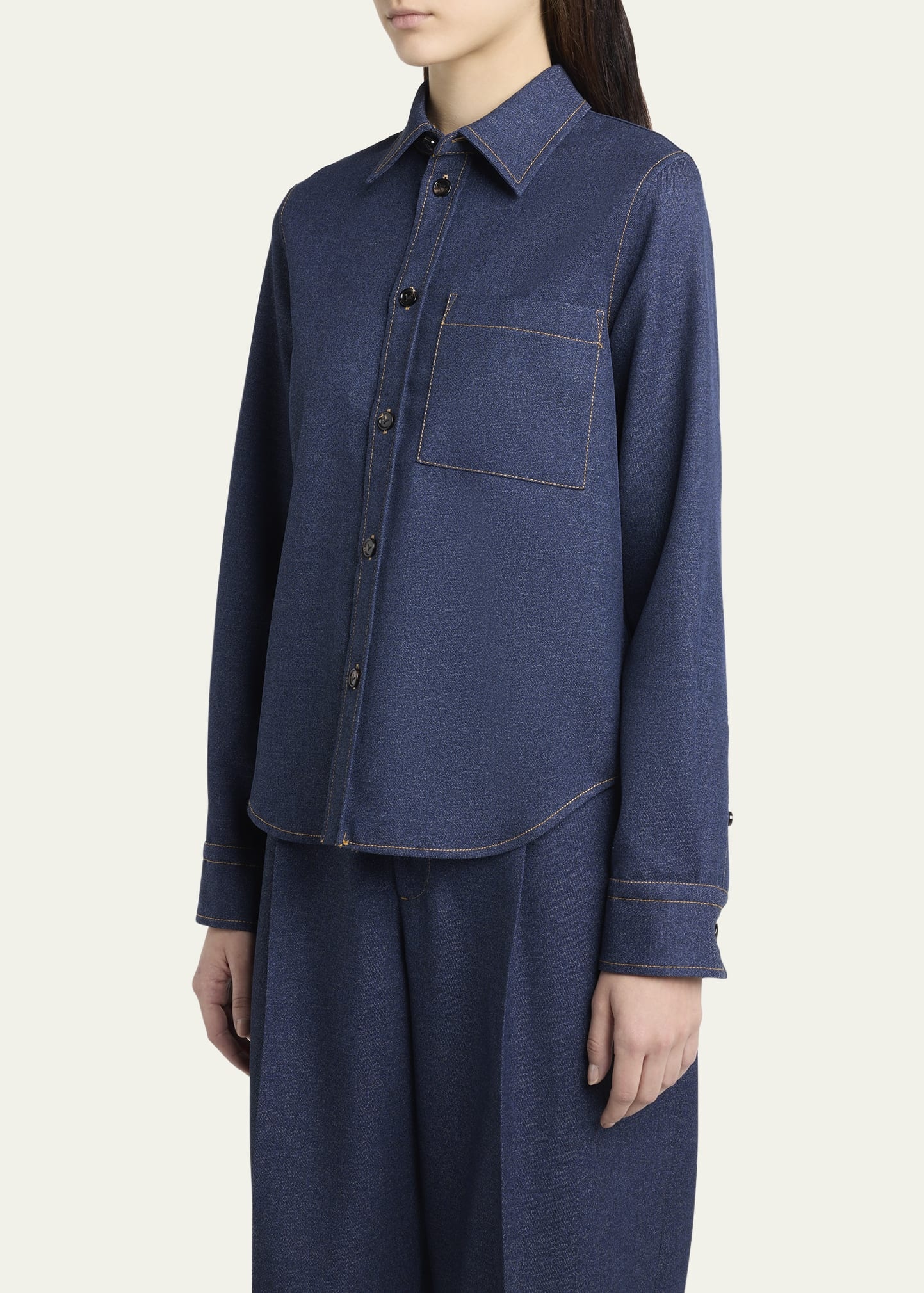Melange Wool Cotton Drill Button-Down Shirt - 4