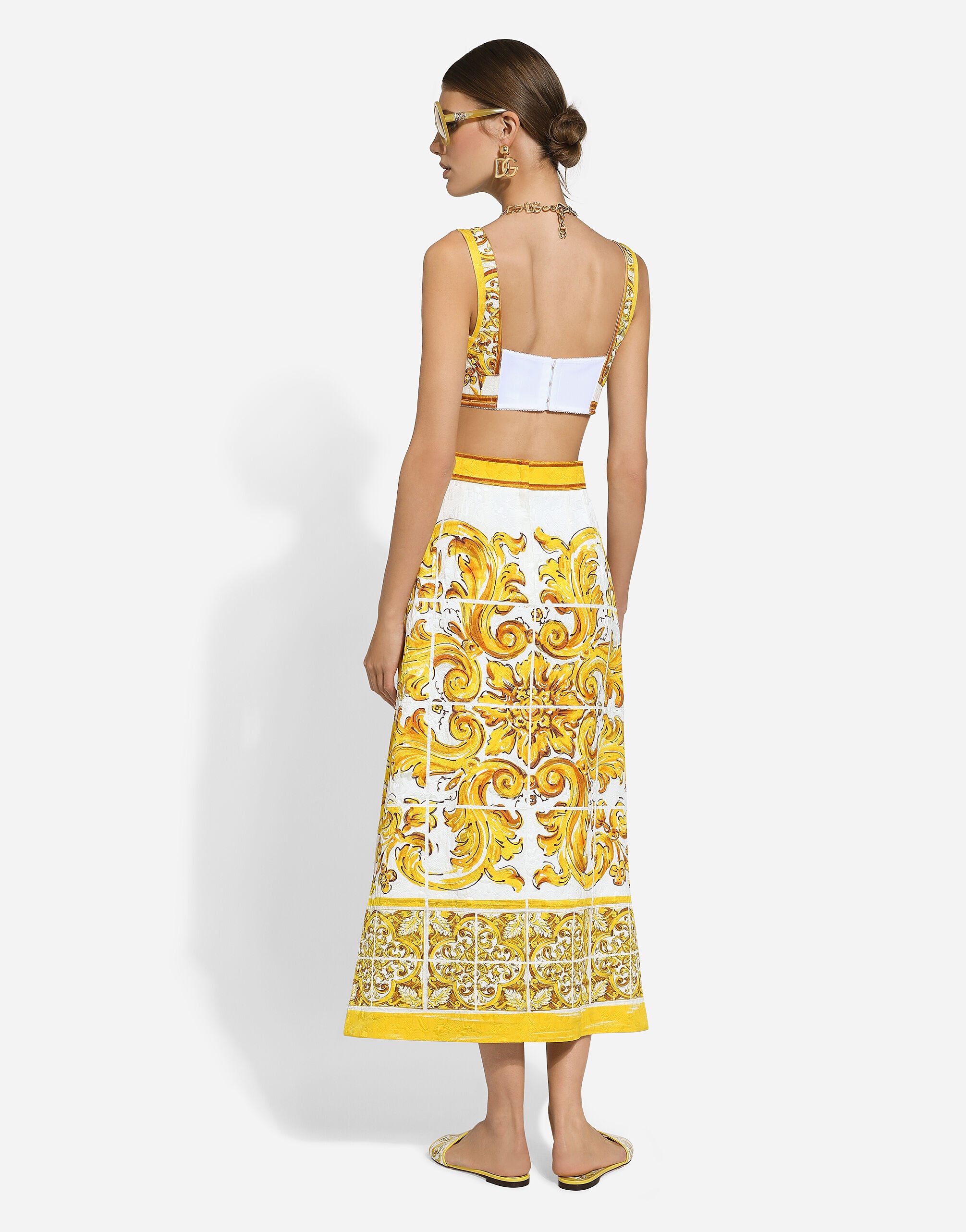 Majolica-print brocade calf-length skirt - 3