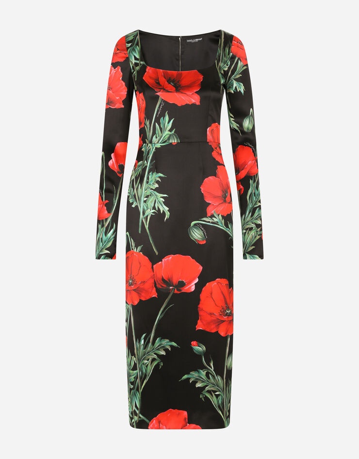 Satin calf-length dress with poppy print - 3