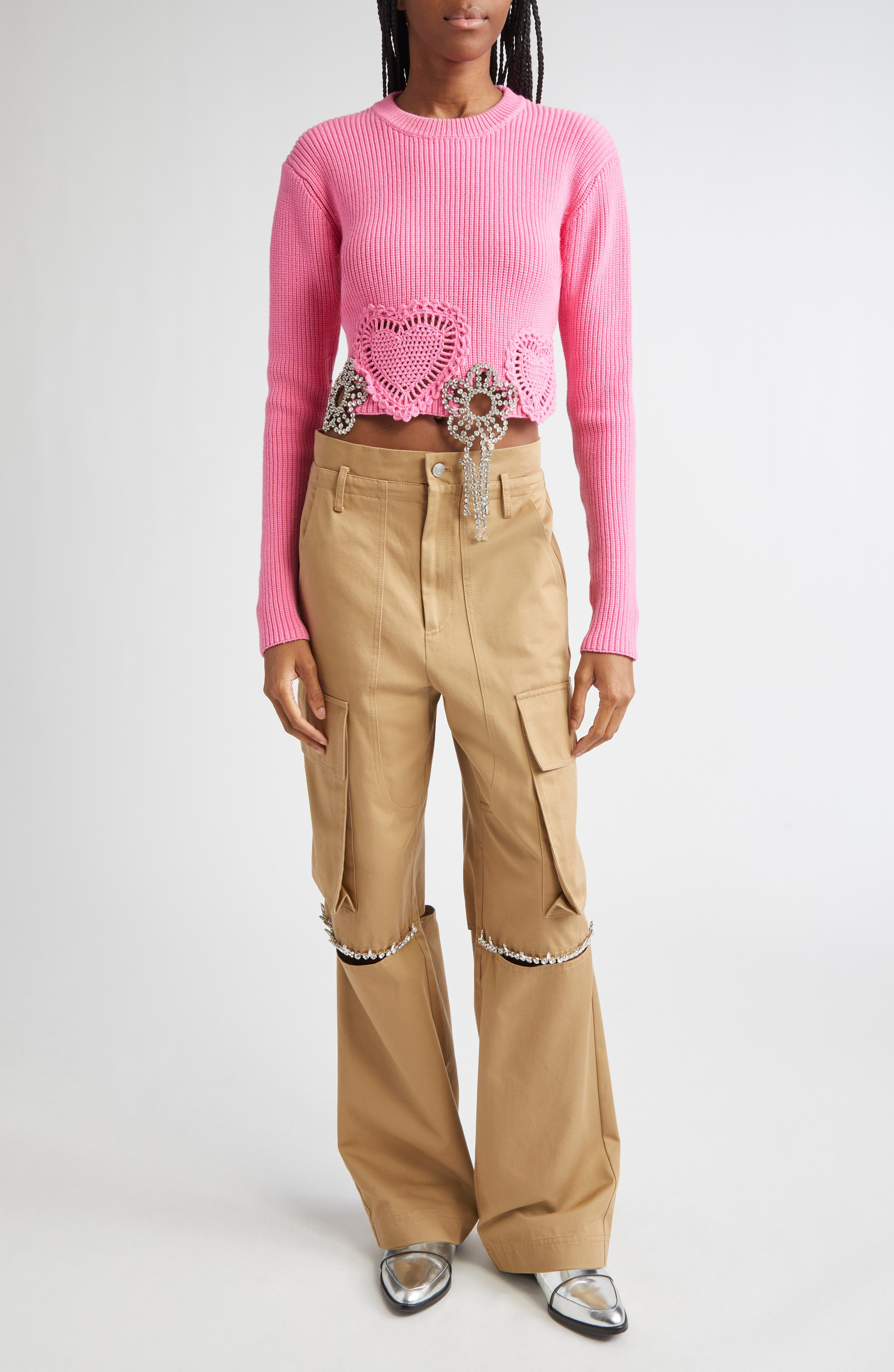 Area Crystal Flower & Crochet Heart Appliqué Crop Rib Sweater in Fuchsia at Nordstrom - 2