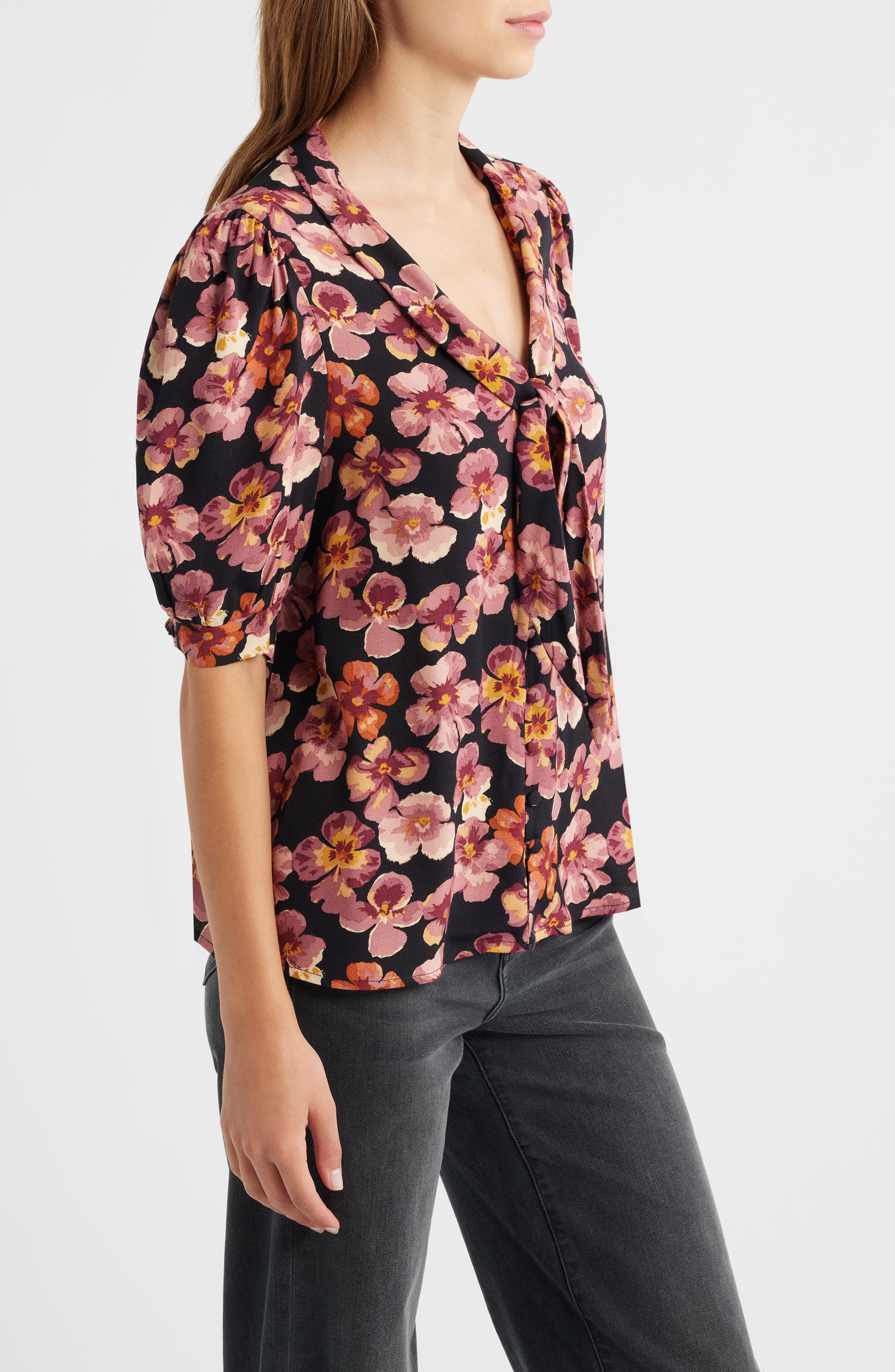 Reformation Joelle Floral Tie Neck Button-Up Top in Pansy at Nordstrom - 3