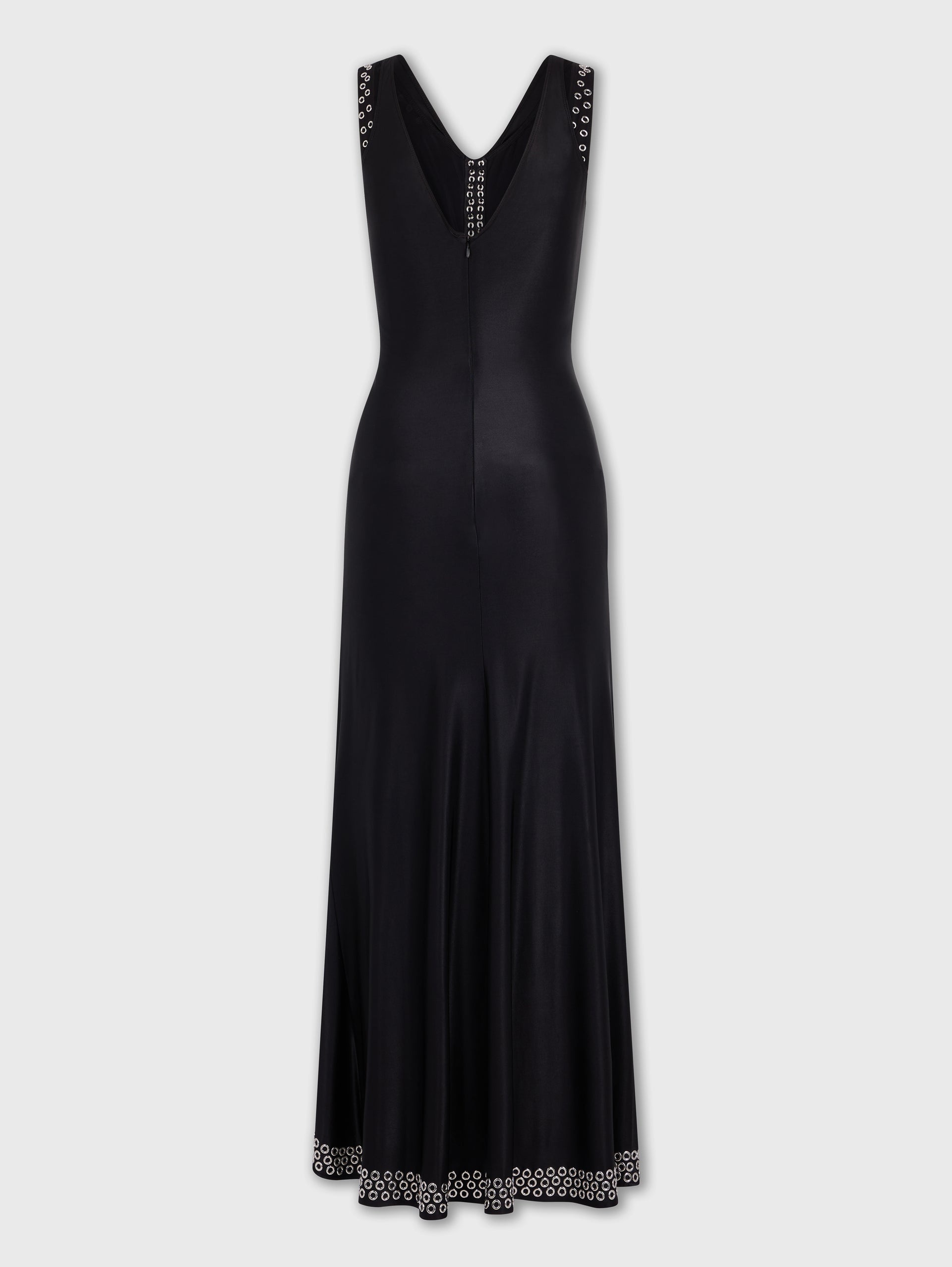 LONG BLACK DRESS WITH EMBROIDERED METALLIC EYELETS - 4
