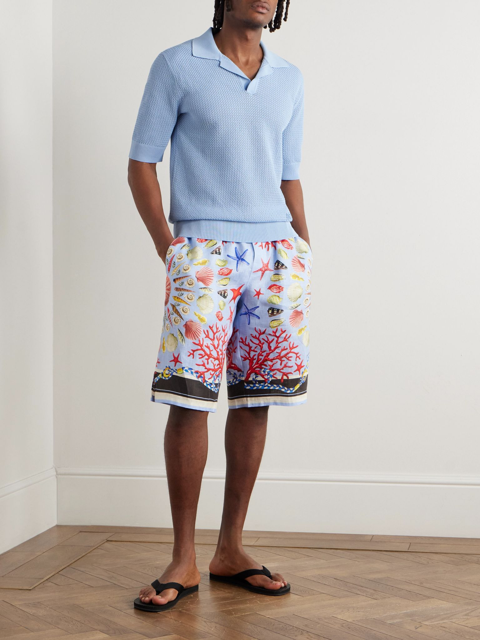 Printed Linen Straight-Leg Shorts Blue - 2