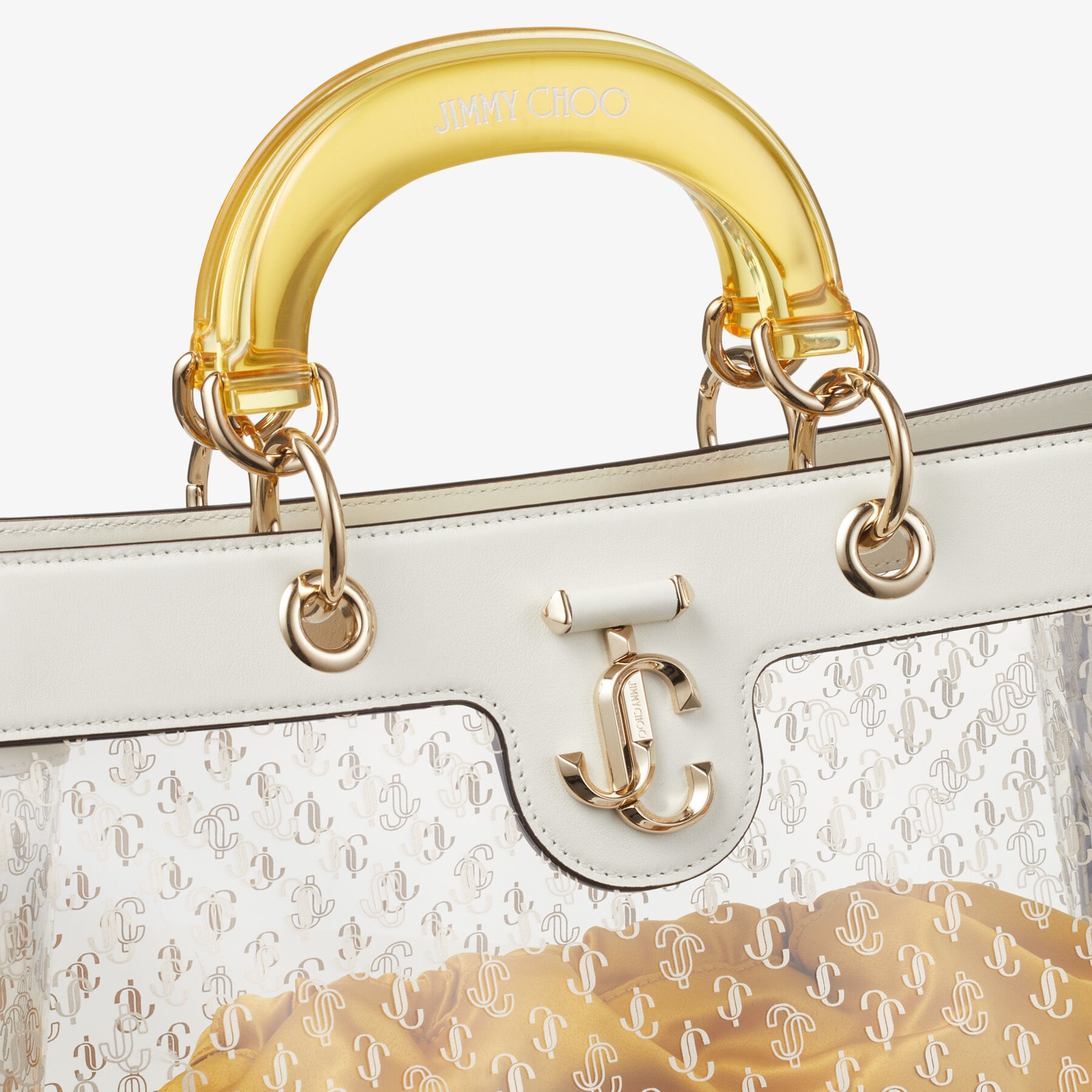 Varenne Top Handle Tote
Latte Leather Tote Bag with Yellow Plexi Handle - 7