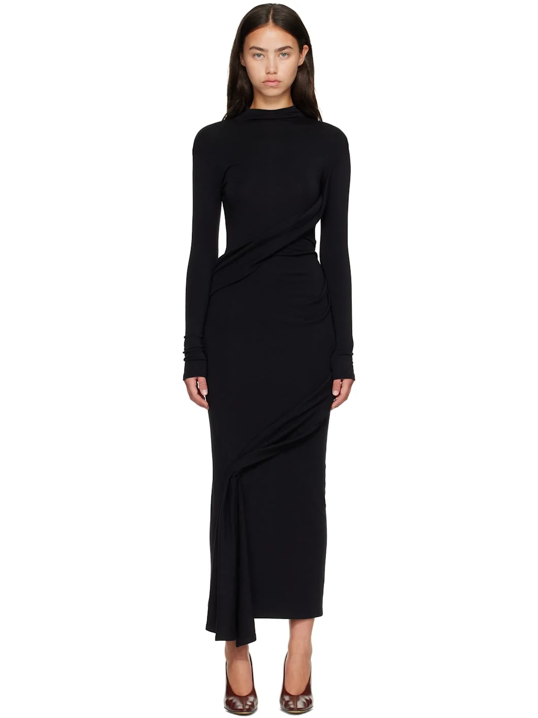 Black Draped Turtleneck Maxi Dress - 1
