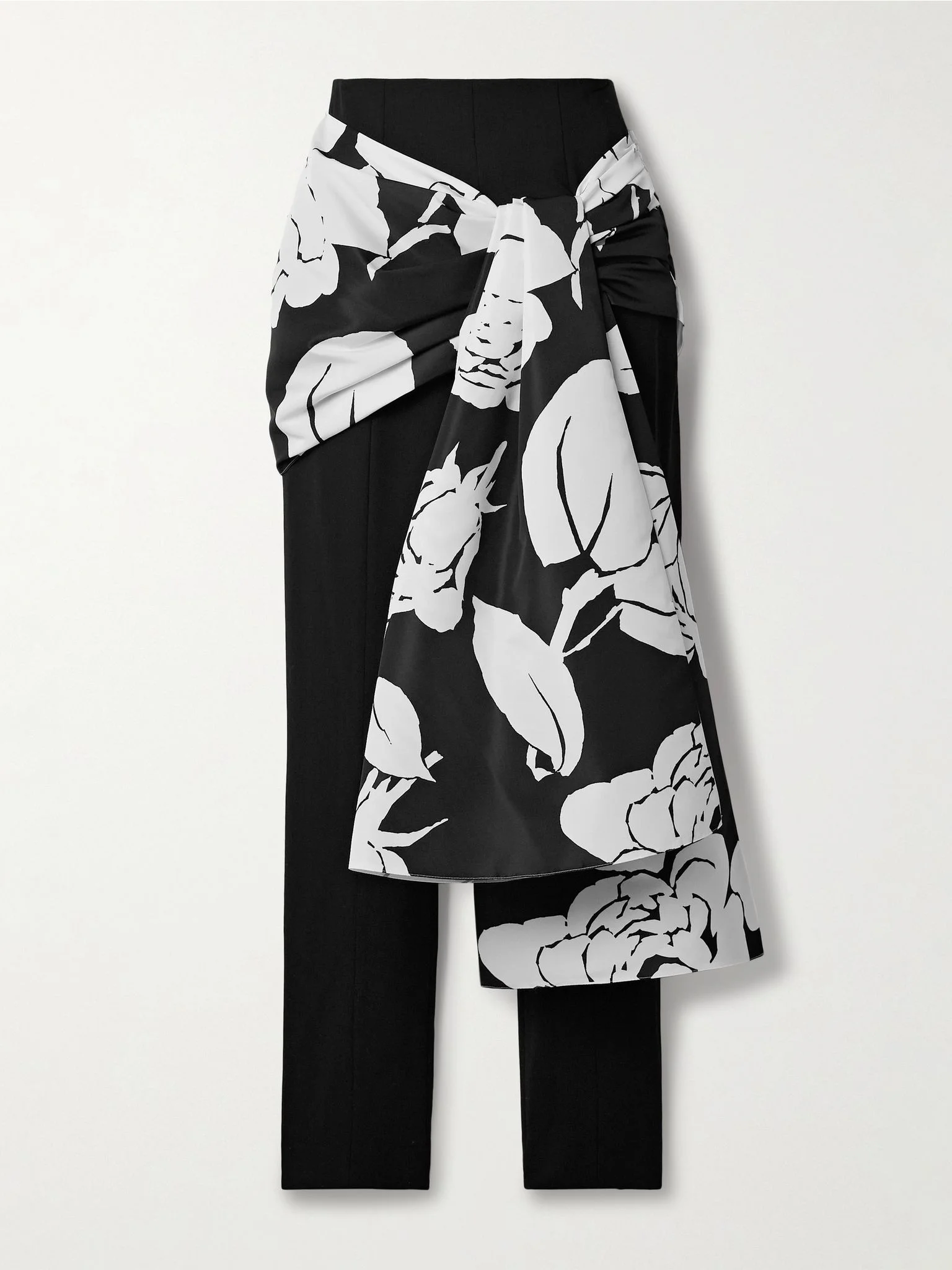 Draped floral-print faille and crepe slim-leg pants Black - 1