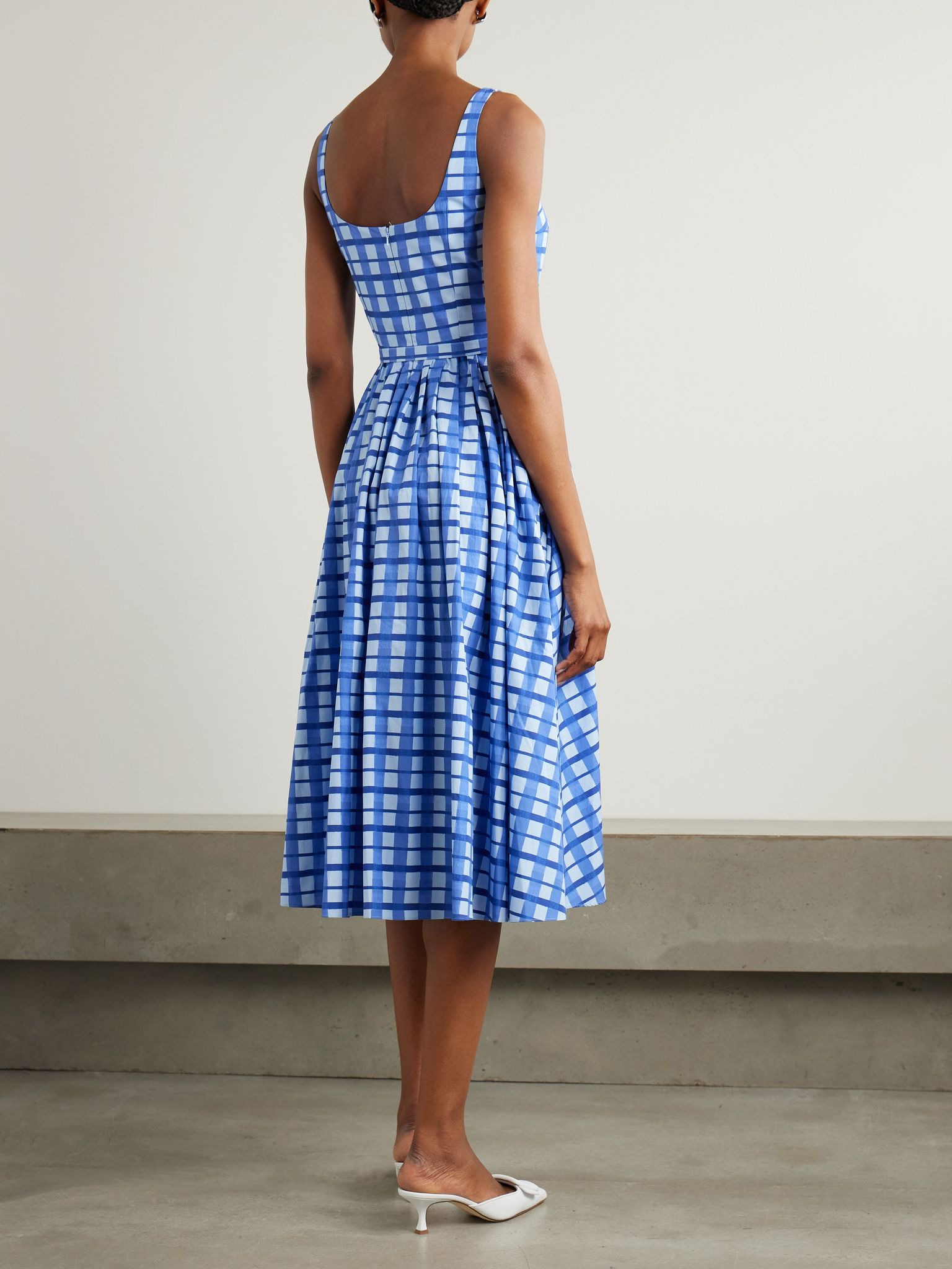 Eglantine belted pleated checked cotton-poplin midi dress Blue - 3