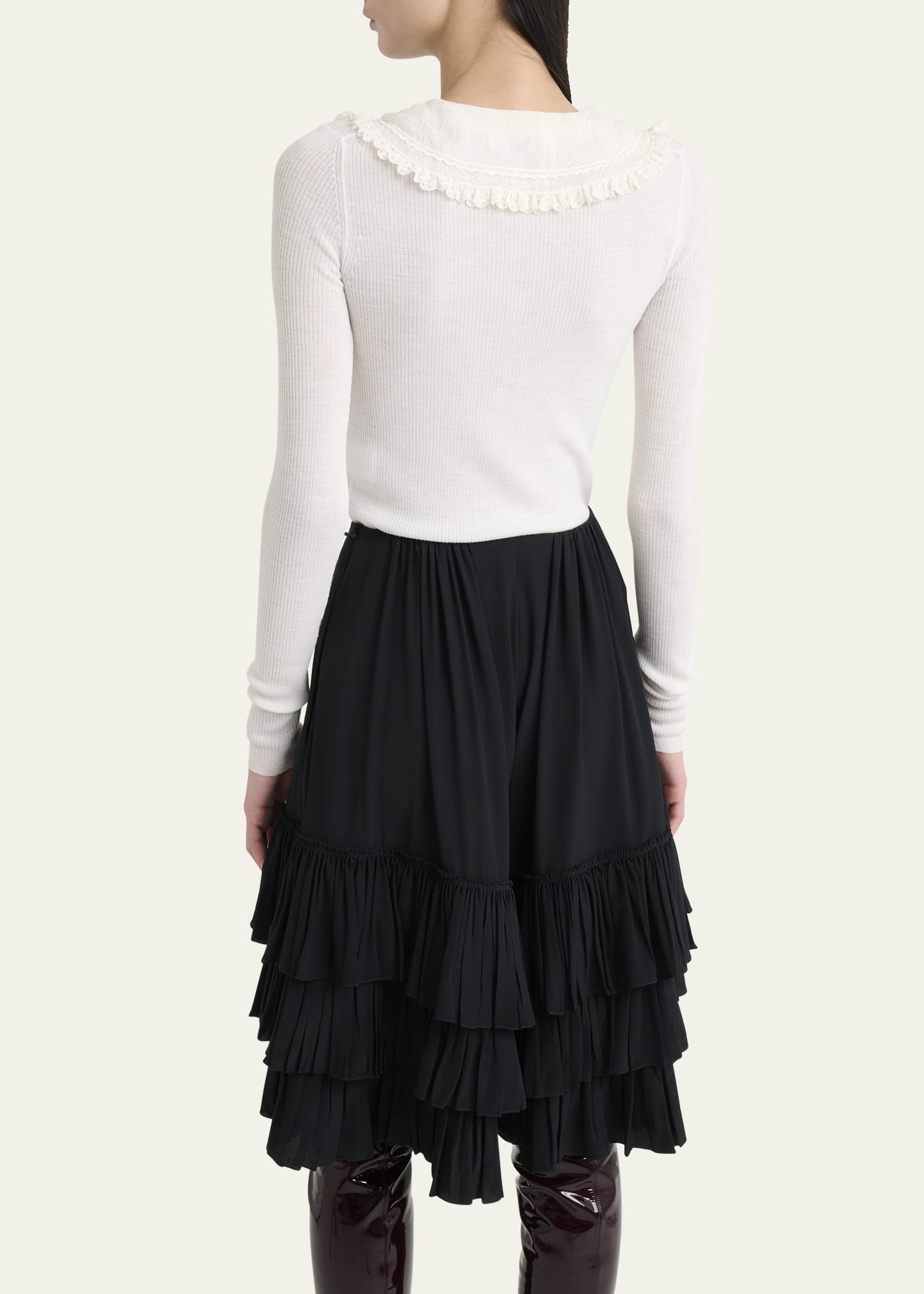Lace-Collar Superfine Wool Rib Knit Top - 3