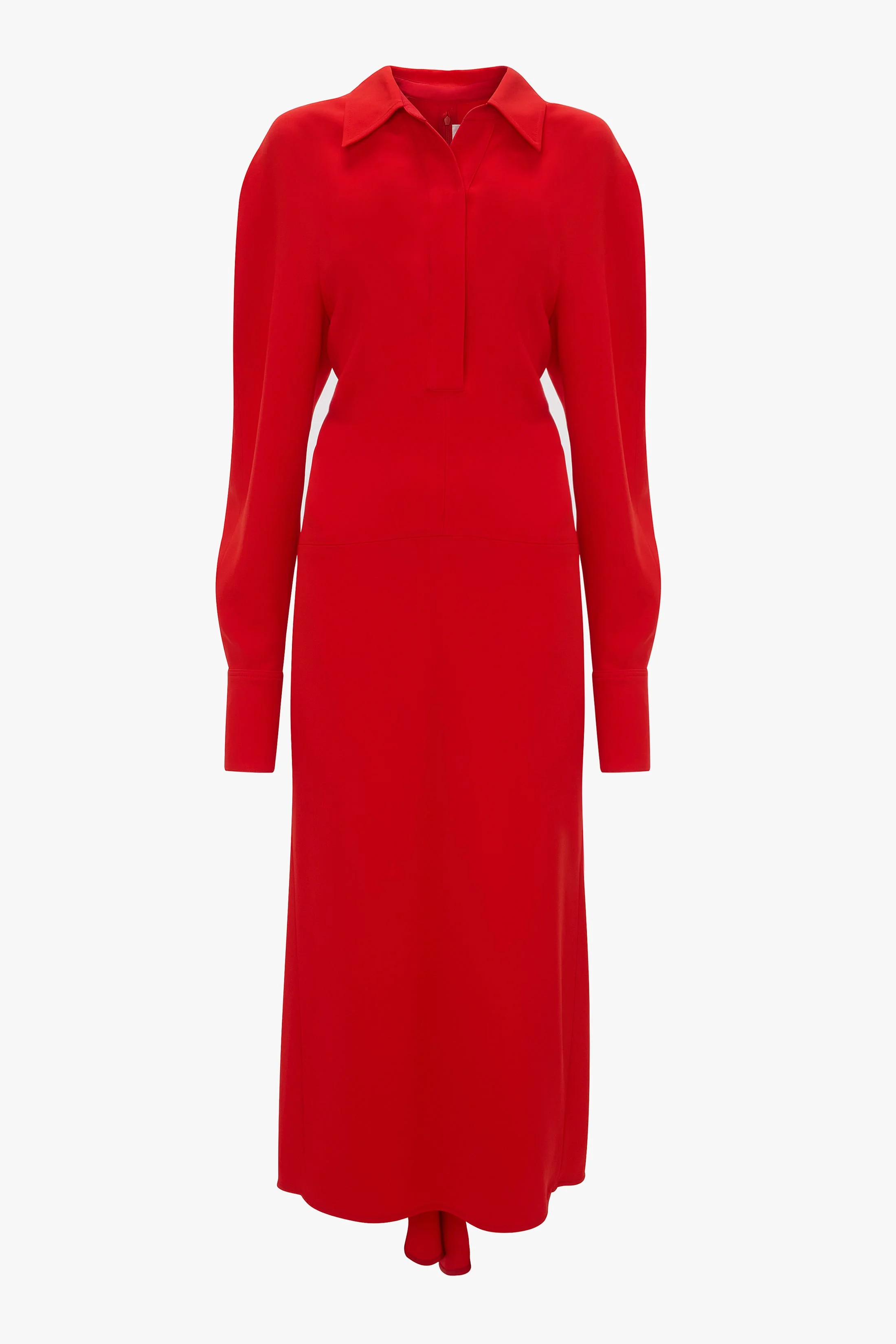 Long Sleeve Polo Collar Midi Dress In Tomato Red - 1
